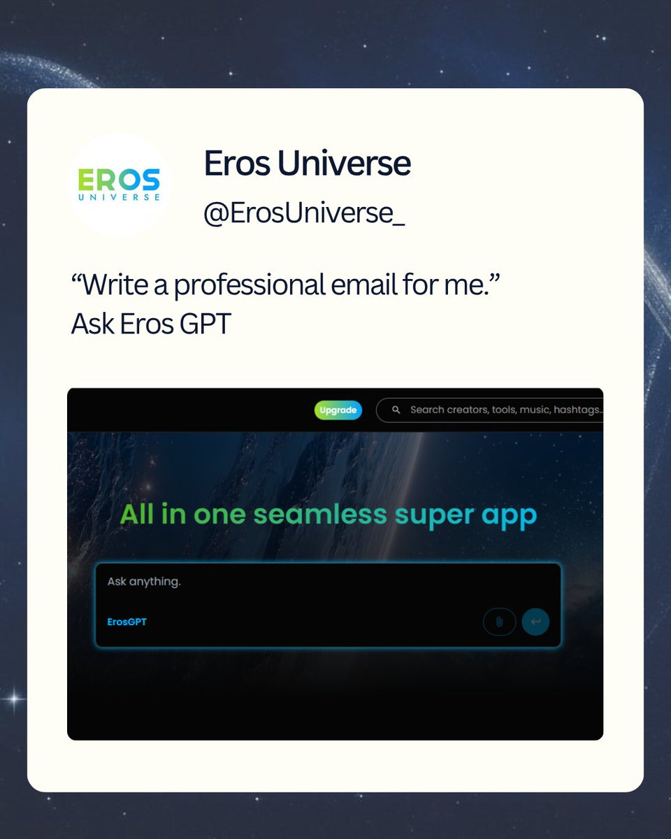 ErosUniverse_'s tweet image. Whether it’s fun, creative, or practical, Eros Universe is here to make everyday life smoother and smarter.

#ErosUniverse #AIcreation #DigitalTools #FutureTech #CreatorEconomy