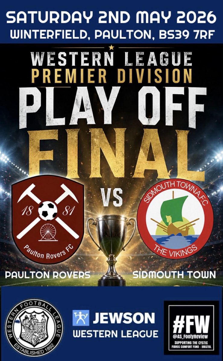SidmouthTownAFC's tweet image. NEXT UP: Paulton Rovers (A) 

This one needs no introduction…

🏆 @_WesternLeague_ Play Off Final
🗓️ Saturday 3rd May
🆚 @PaultonRoversFC 
🏟️ Winterfield Road
🕒 15:00 KO
🚌 Supporters Coach departure: 10:30

@swsportsnews 

#UTV💚 #Vikings
