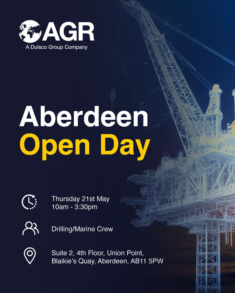 AGRrecruitment's tweet image. We’re hosting an Open Day in Aberdeen for Drilling &amp;amp; Marine Crew. Drop in, meet the team, and explore current and upcoming roles.

· Suite 2, 4th Floor, Union Point, Blaikie’s Quay, Aberdeen, AB11 5PW
· Thursday 21st May
· 10:00am – 3:30pm

#TeamAGR #OpenDay #LookingToTheFuture