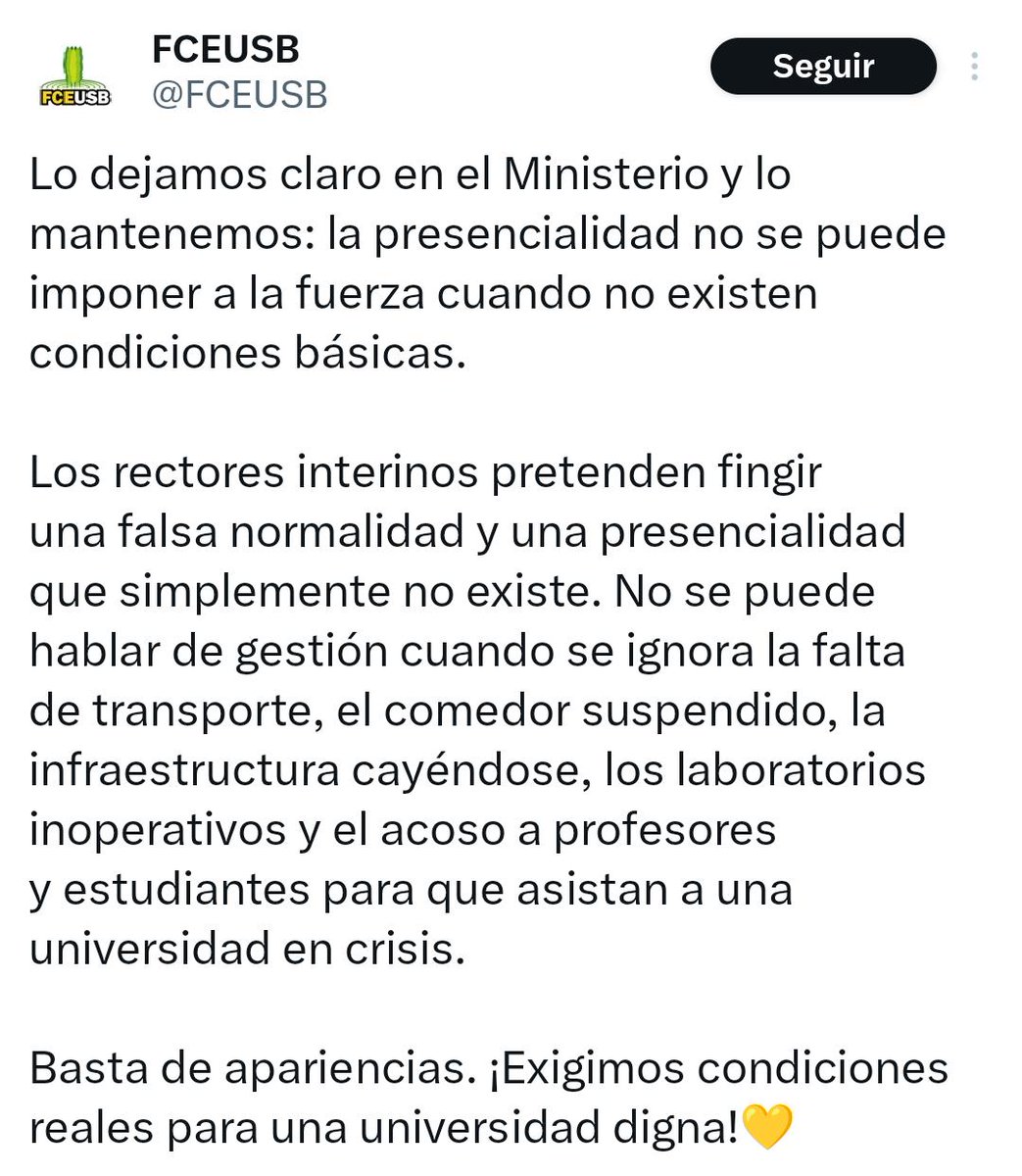 🇻🇪 | La Federación de Centros de Estudiantes de la Universidad Simón Bolívar cuestionó la gestión de los rectores interinos de la casa de estudio, señalando que se "pretende proyectar" una "falsa normalidad" obviando "deficiencias críticas" como la "inoperatividad" de