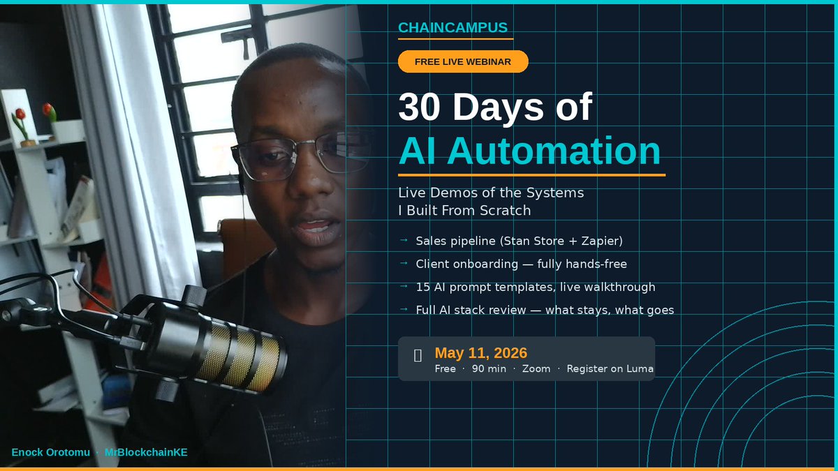 MrBlockchainKE's tweet photo. I've been building AI systems in public for 30 days.

On May 11th I'm showing you everything live. 🧵
30 days. Real systems. Real business. https://t.co/K41piyyYTB