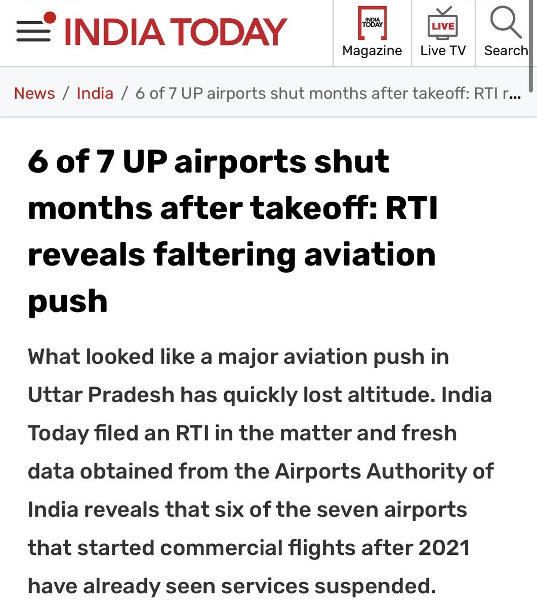 TheSincereDude's tweet image. Modi ji says UP has 21 airports.

RTI filed by India Today tells a different story:

6 out of 7 newly built UP airports are already SHUT DOWN.

Only Ayodhya airport is operational. The rest? Ghost airports; no passengers, no flights, just crores of taxpayer money rotting on
