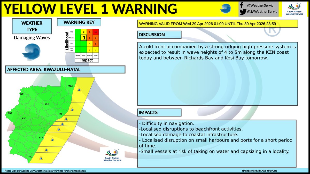 SAWeatherServic's tweet image. Yellow level 1 warning for damaging waves
Area: KwaZulu Natal coast 
Validity: 29-30 April 2026
#saws #Warning