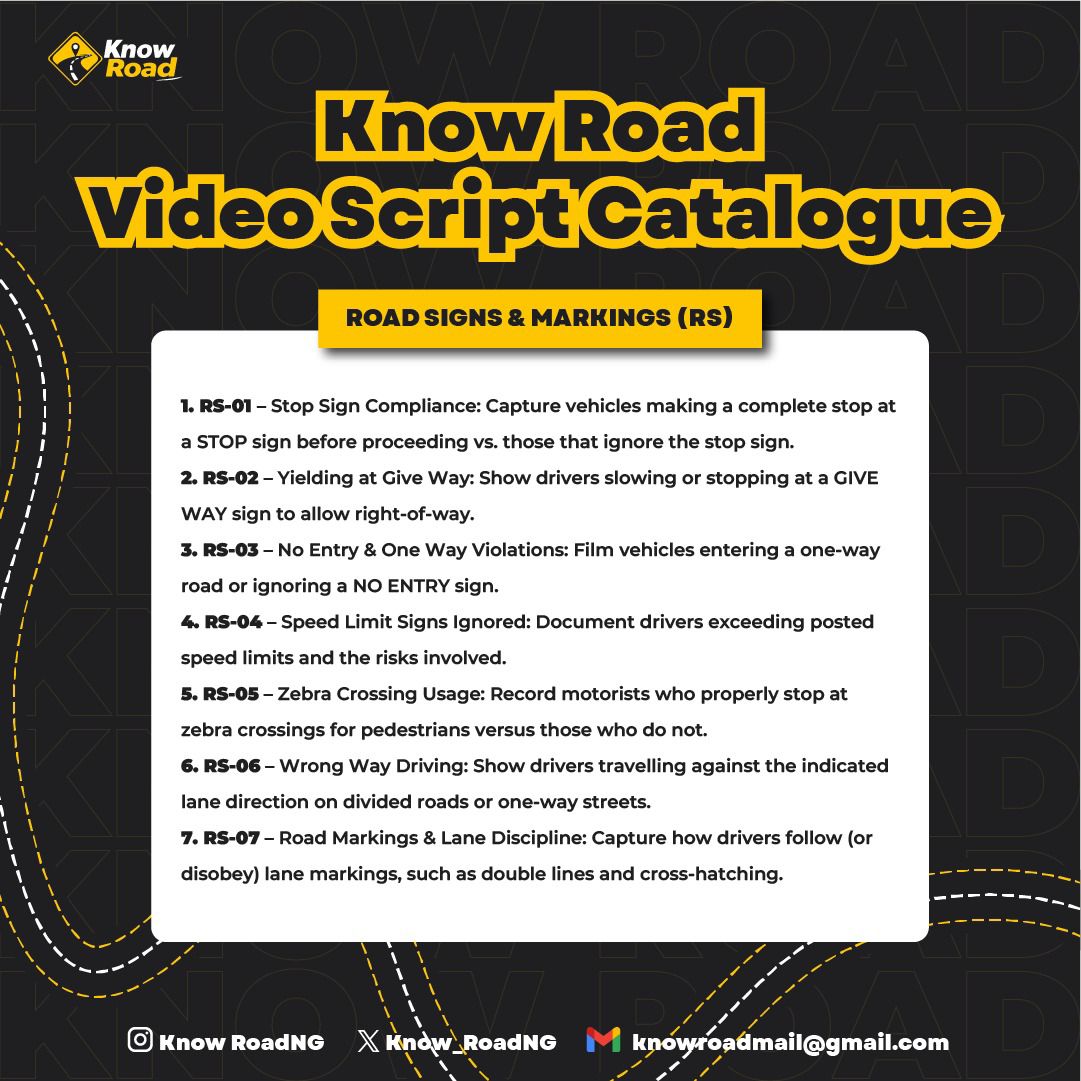 Know_RoadNG's tweet photo. Create a clear 40-second or longer HD road-use video using any script from the KnowRoad script list.

- Videos should be sent/submitted with its Script ID to our DM or email address. 
- 🇳🇬 Videos from Nigerian Roads Only
#Nigeria #KnowRoad #Traffic #Lagos #porthacourt #outlier #DriveSafe