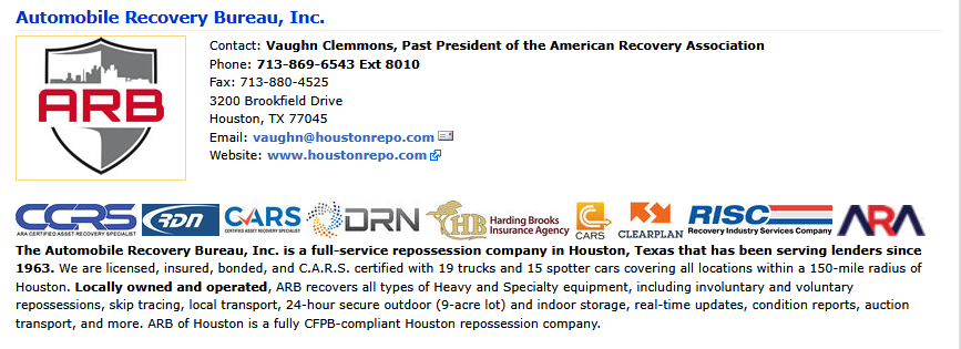 autorepo's tweet photo. Repo Spotlight:***AUTOMOBILE RECOVERY BUREAU, INC. 713-869-6543 x 8010***a HOUSTON-based REPO AGENCY doing Locksmith, and Repossessions. Advertise on  the Repo Directory like Automobile Recovery Bureau does, and  get found on REPO searches RIGHT NOW! https://t.co/ManZ41XU3d