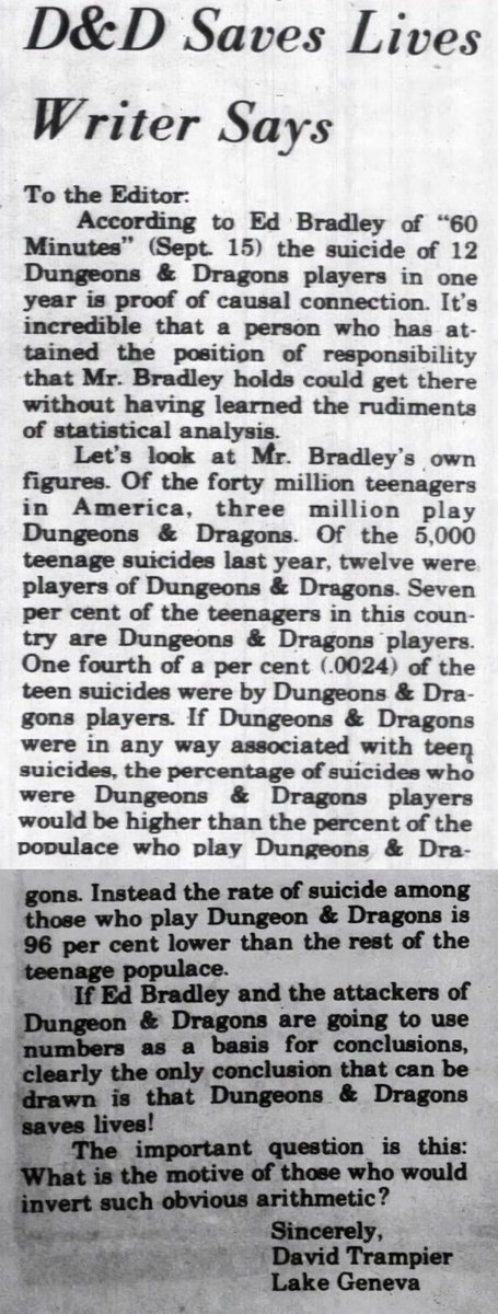 September 1985, The Lake Geneva Regional News. Trampier, legendary D&amp;D artist, writing in to defend the game.