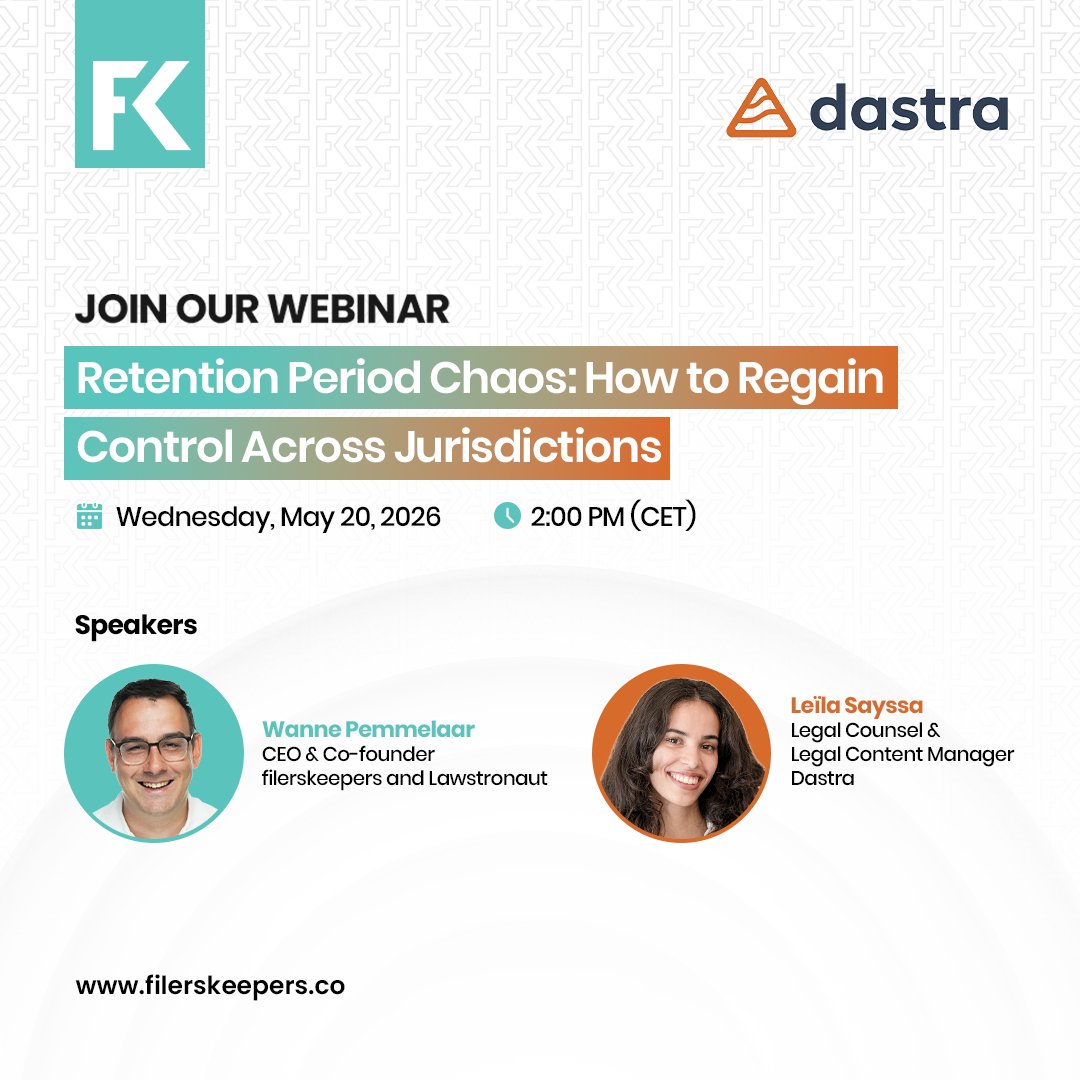 filerskeepers's tweet image. Managing #retention periods across jurisdictions is messy — conflicting rules, unclear timelines, no single process. 😅

Join filerskeepers &amp;amp; Dastra on May 20 to fix that. 💡

👉 Register here -  filerskeepers.co/filerskeepers-…