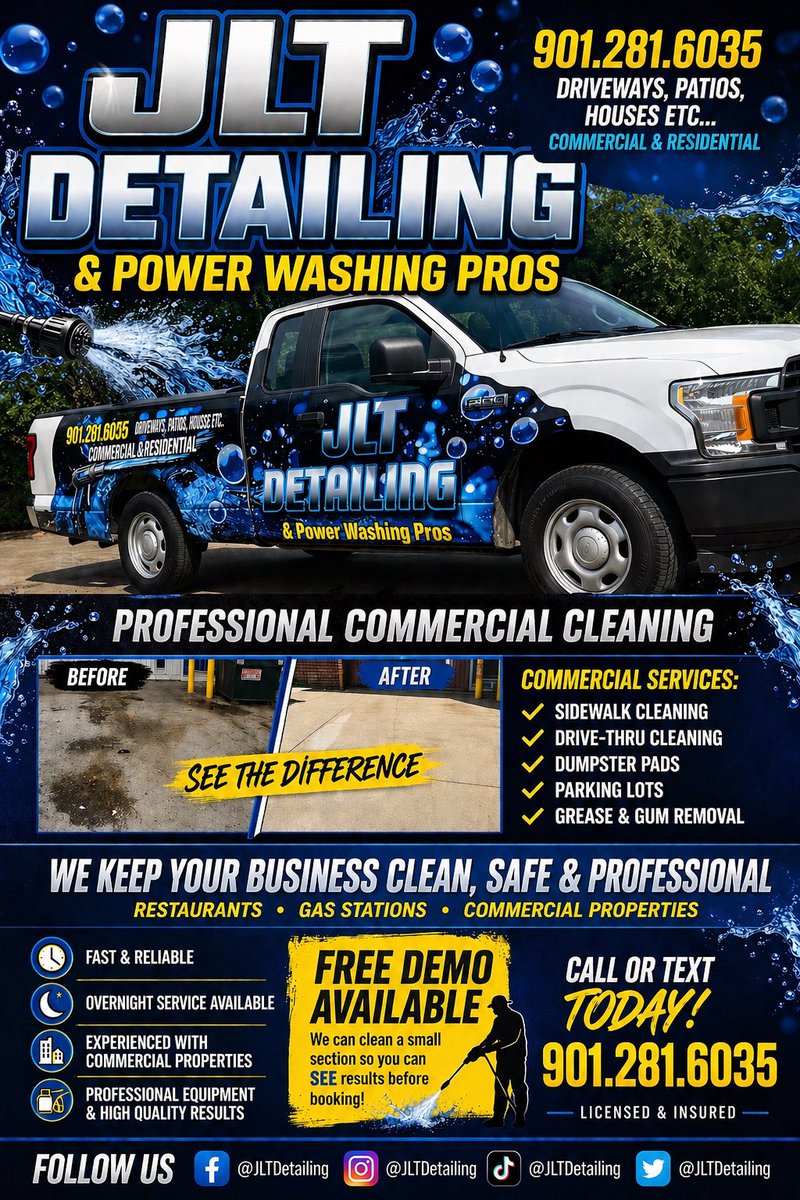 jlt_pro's tweet photo. 🚿 Memphis! Your property deserve to shine!
We handle:
✔️ Driveways
✔️ Houses
✔️ Patios &amp; Decks
✔️ Gas Stations &amp; Commercial

Fast. Professional. Results you SEE.

📞 901-281-6035
#Memphis #PressureWashing #CleanResults #JLTDetailPros https://t.co/Kj9U5BfeGs