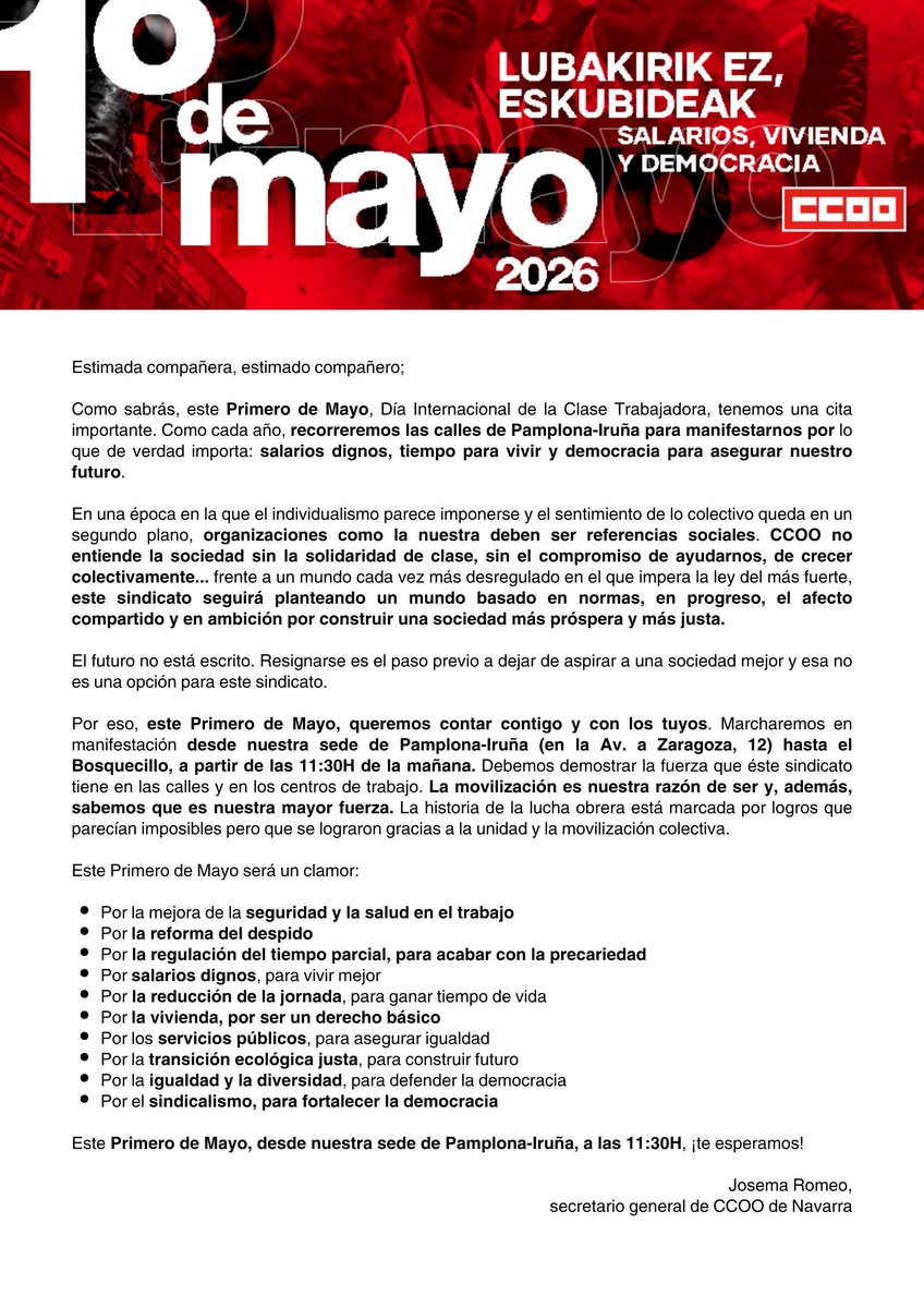 Este Primero de Mayo, tenemos una cita importante⬇️

✊La historia del movimiento obrero esta repleta de logros que parecían inalcanzables. Sigamos ese camino. ¡Afrontémoslo juntos y juntas!

🤜🤛Te espero este 1º de Mayo, desde las 11:30H, en nuestra sede de Pamplona-Iruña.