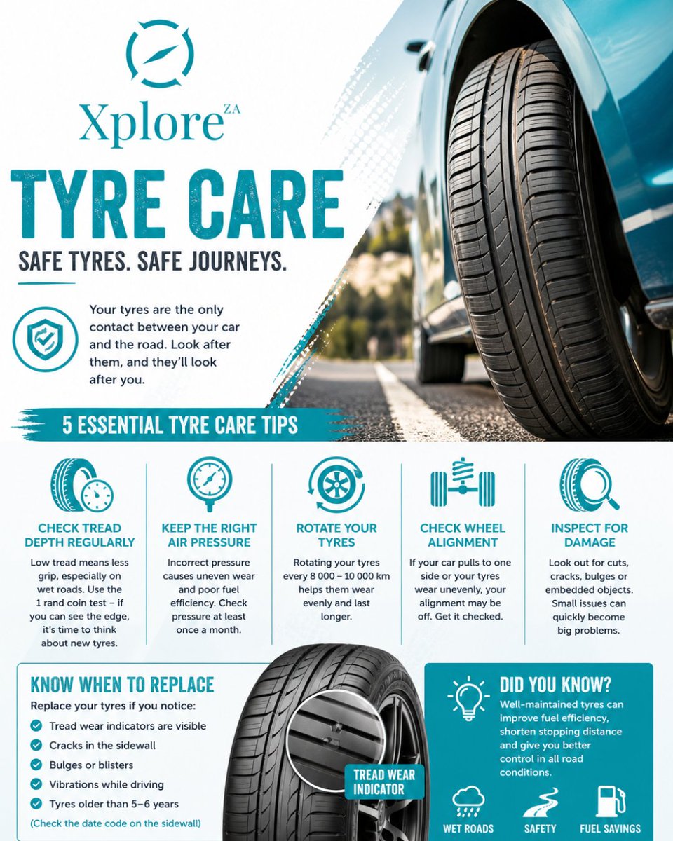XplorZA's tweet image. Don’t overlook your tyres. 👀 #XploreZA #TyreSafety #CarCare #MotoringTips #DriveSafe #RoadSafety #VehicleMaintenance #AutoTips #SafeDriving #CarMaintenance #StaySafe