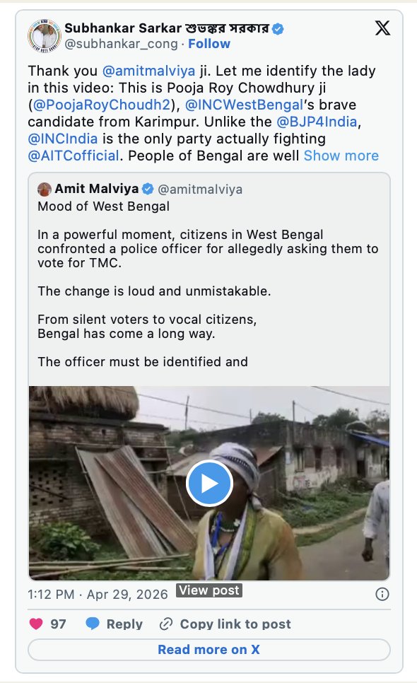 thewire_in's tweet image. #LIVE | BJP leader posts video lauding Congress candidate

Read more: thewire.in/politics/benga…