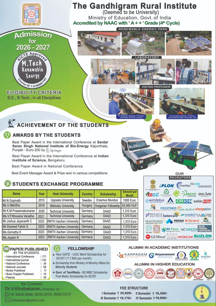 gridtbu's tweet photo. Admission for 2026 - 2027
https://t.co/LgHAnKPUst Renewable Energy 

#RenewableEnergy #Energy #MTech #GRI #GandhigramUniversity https://t.co/iVAs0PSfhE