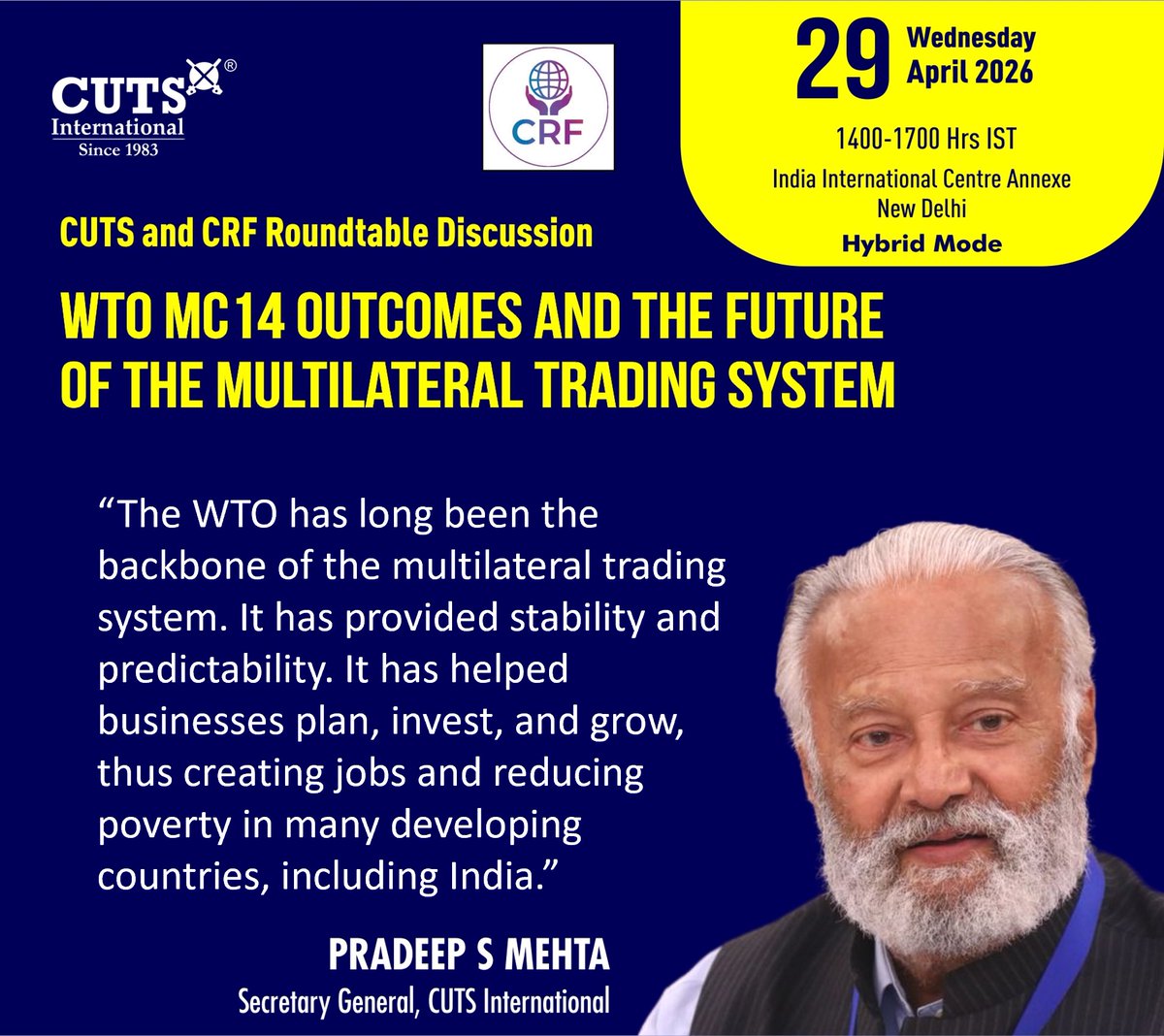 CUTS_CITEE's tweet photo. 🔊Live Now  

Roundtable discussion on #WTO #MC14 Outcomes and the Future of the #Multilateral #Trading System

@PascalLamyEU @ShashiTharoor @Psm_cuts @MontekSinghPC @priyadarshi_crf @bc_cuts @CUTS_CCIER @vijay67_singh @CUTSGlobal https://t.co/TPo9B4C8sC