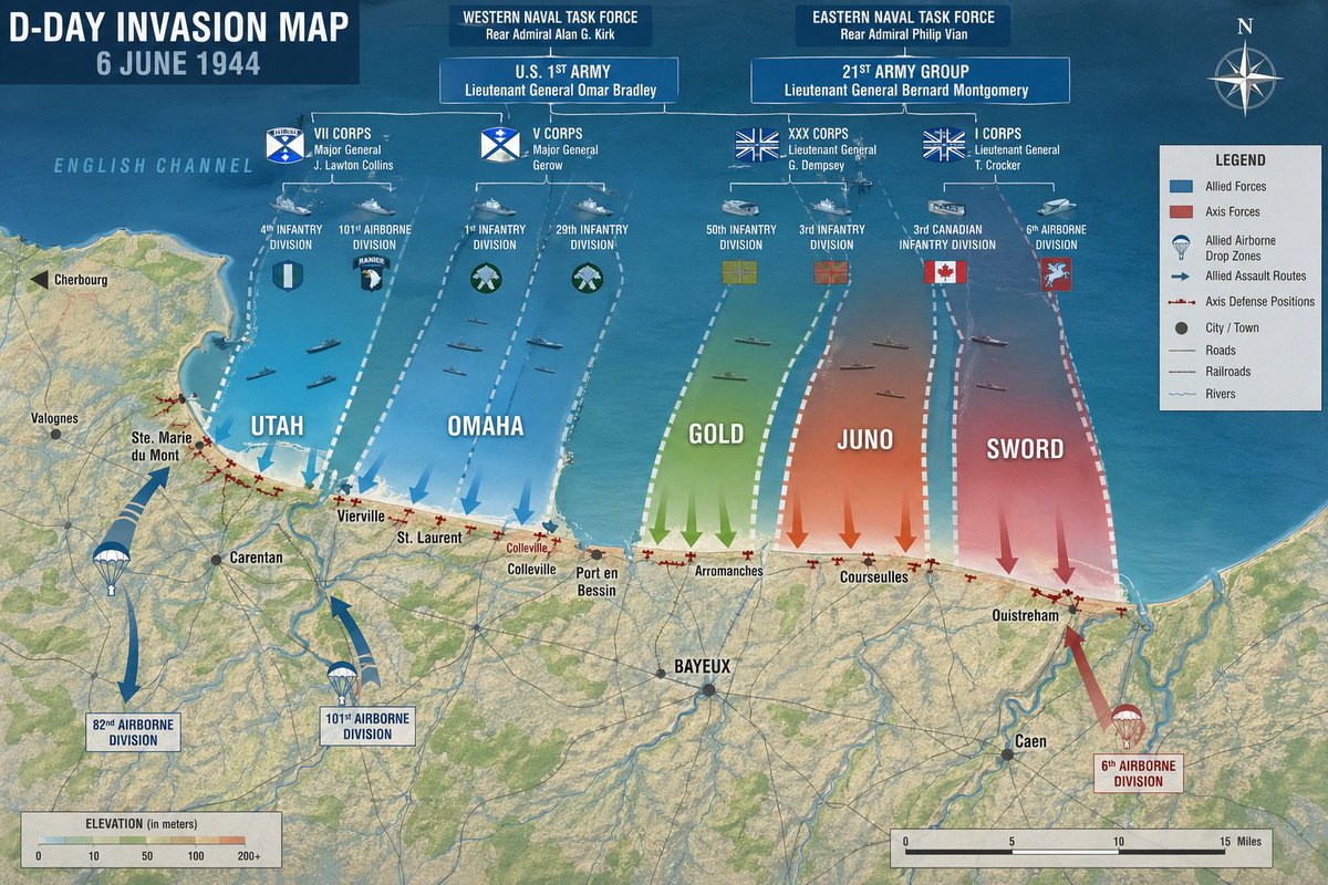 StatWatch25's tweet photo. 🇺🇲🇬🇧🇨🇦 Operation D-Day: The Architecture of Industrial War in Normandy6 June 1944, dawn.The coast of Normandy, turned by the Germans into the “Atlantic Wall”, became the site of the largest, most complex amphibious operation in human history.This was not just a landing. It was a total system — strategy, deception, technology, engineering, logistics and raw human courage working as one.

The Deception - Operation Fortitude was one of the greatest military deceptions ever. The Allies created a phantom army (FUSAG) under General Patton in southeast England — inflatable tanks, fake airfields, false radio traffic, and double agents. Hitler and Rommel stayed convinced the real invasion would come at Pas-de-Calais. Because of this, powerful German panzer divisions remained far from Normandy during the critical first hours.

The Night Before - Long before sunrise, three airborne divisions (US 82nd & 101st, British 6th) jumped into the darkness. Their job: seize bridges, block roads, destroy artillery, and sow chaos. Scattered by bad weather and flak, they created dozens of small battlefields. The resulting confusion paralyzed German command.

The Beaches ‐ At dawn, five sectors were assaulted:
• Utah – relatively successful
• Omaha – the bloodiest, a true hell of machine guns and cliffs
• Gold, Juno, Sword – British & Canadian sectorsThe British used Hobart’s Funnies — specialized tanks (mine flails, flame throwers, bridge-layers, bunker-busters) that gave them a huge engineering advantage. The Americans used DD amphibious Shermans — many of which sank in the rough seas at Omaha.On Omaha, the first waves were slaughtered. What saved the day was not grand strategy, but small-unit leadership — sergeants and lieutenants leading improvised assaults, blowing gaps with Bangalore torpedoes and satchel charges.

The Real Victory - Even after the beaches were taken, the hardest part remained: sustaining the force. Normandy had no large ports. So the Allies brought their own — the giant Mulberry artificial harbors, towed piece by piece across the Channel and assembled under fire. At the same time, PLUTO (Pipeline Under The Ocean) pumped fuel from Britain directly to France.

The Lesson - D-Day was not won by perfection. Many things went wrong — weather, intelligence, equipment failures. But the Allied system was simply better coordinated than the German one at every level: strategic deception, air & naval superiority, specialized engineering, tactical initiative, and industrial logistics. It was the birth of modern combined-arms warfare — the model that still shapes military thinking today.Respect to every soldier who stepped off those landing craft 81 years ago. Their courage and the genius behind the operation changed the course of the 20th century.