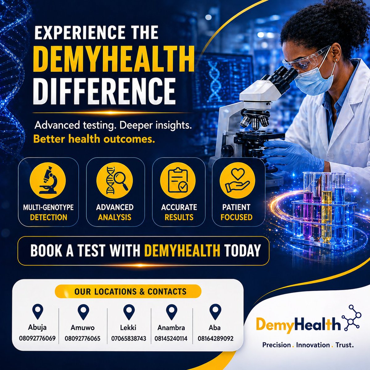 DEMYHEALTH's tweet image. Smarter Testing Starts Here.

✔ Multiple infections — one STI test.
✔ Multiple chromosomal conditions — one analysis.
✔ Targeted cancer mutations — one test.

Accurate. Efficient. Advanced.

#DemyHealth #Diagnostics #HealthcareNigeria #MedicalInnovation