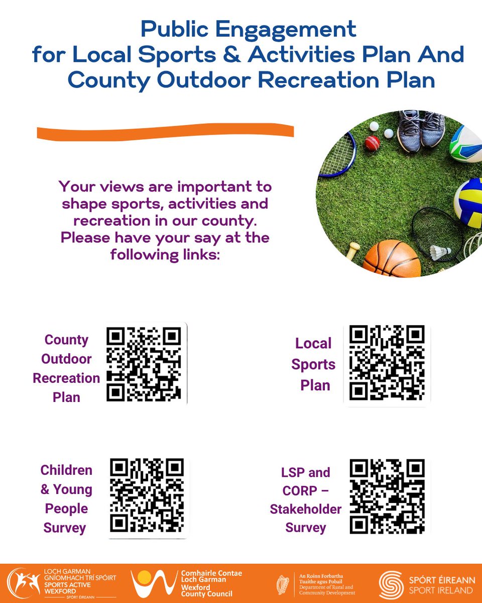SportActiveWex's tweet image. REMINDER - Wexford County Council invite you to #HaveYourSay on the new Local Sports &amp;amp; Activities Plan and the County Outdoor Recreation Plan which they are developing. Contributing to these plans is important to help shape the future of sports, activity and outdoor recreation