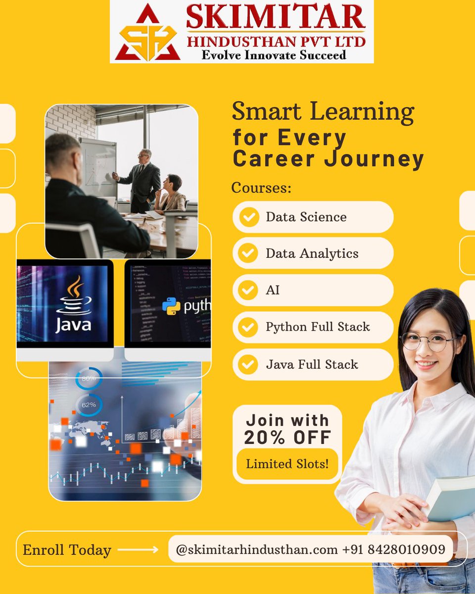 SkimitarAcademy's tweet image. 🎓 April batch now open @SkimitarHindusthan!

Courses: Data Science | AI | Python | Java Full Stack | PLC | SCADA | Digital Marketing

🎁 20% OFF — Limited seats!
📞 8428010909

#DataScience #AI #FullStack #EnrollNow #TechCourses
