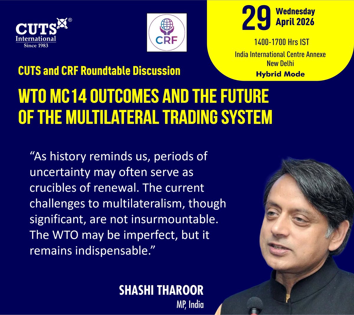 CUTS_CITEE's tweet photo. 🔊Live Now

Roundtable discussion on #WTO #MC14 Outcomes and the Future of the #Multilateral #Trading System

@PascalLamyEU @ShashiTharoor @Psm_cuts @MontekSinghPC @priyadarshi_crf @bc_cuts @CUTS_CCIER @vijay67_singh @CUTSGlobal https://t.co/peNguApWeX
