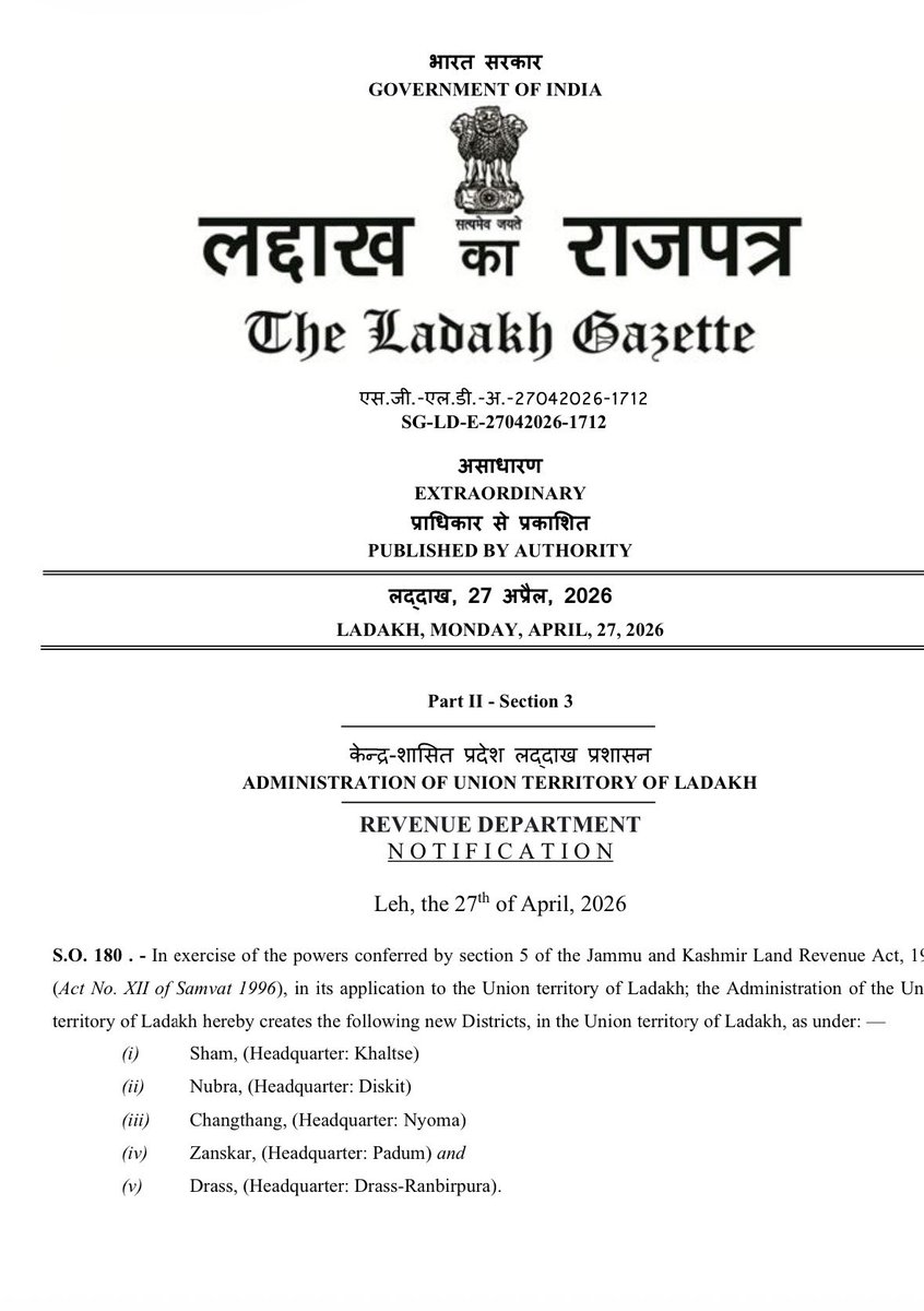 SajjadKargili_'s tweet photo. STATEMENT 

The recent decision of the Government to create five new districts in Ladakh—raising the total from two to seven—appears less an administrative reform and more a calculated attempt to fragment the unified democratic and statehood movement of the people of Ladakh, particularly the collective voice of both Buddhists and Muslims.
While we acknowledge that regions such as Drass and Zanskar from Kargil region have long-standing demands for district status and we welcome their inclusion, the overall approach adopted by the Government raises serious concerns. The process has clearly ignored regional sensitivities, demographic realities, and principles of equitable representation.
As per the 2011 Census, Ladakh has a population of 2,74,289, of which approximately 46.40% are Muslims and 39.65% are Buddhists. However, the current reorganization results in five Buddhist-majority districts and only two Muslim-majority districts. This disproportionate distribution reflects a deeply skewed and discriminatory approach, undermining the spirit of fairness and inclusivity. Such actions risk deepening divisions and evoke troubling parallels with communal lines of division that history has shown to be dangerous.
We strongly oppose this arbitrary and insensitive restructuring. In particular, we reiterate the genuine and long-pending demand for granting district status to Sankoo-Suru and Shakar Chiktan. The people of these regions have repeatedly submitted memorandums to the Government, presenting justified and well-founded demands, yet they have been consistently ignored.
We stand in full solidarity with the people of Sankoo-Suru and Shakar Chiktan, and reaffirm our unwavering support for their rightful aspirations. Ladakh’s strength lies in its unity and diversity—any attempt to divide its people along communal or regional lines must be resisted firmly.

Sajjad Kargili 
Political Activist Ladakh 
Political incharge  , @JUIAK_Ladakh