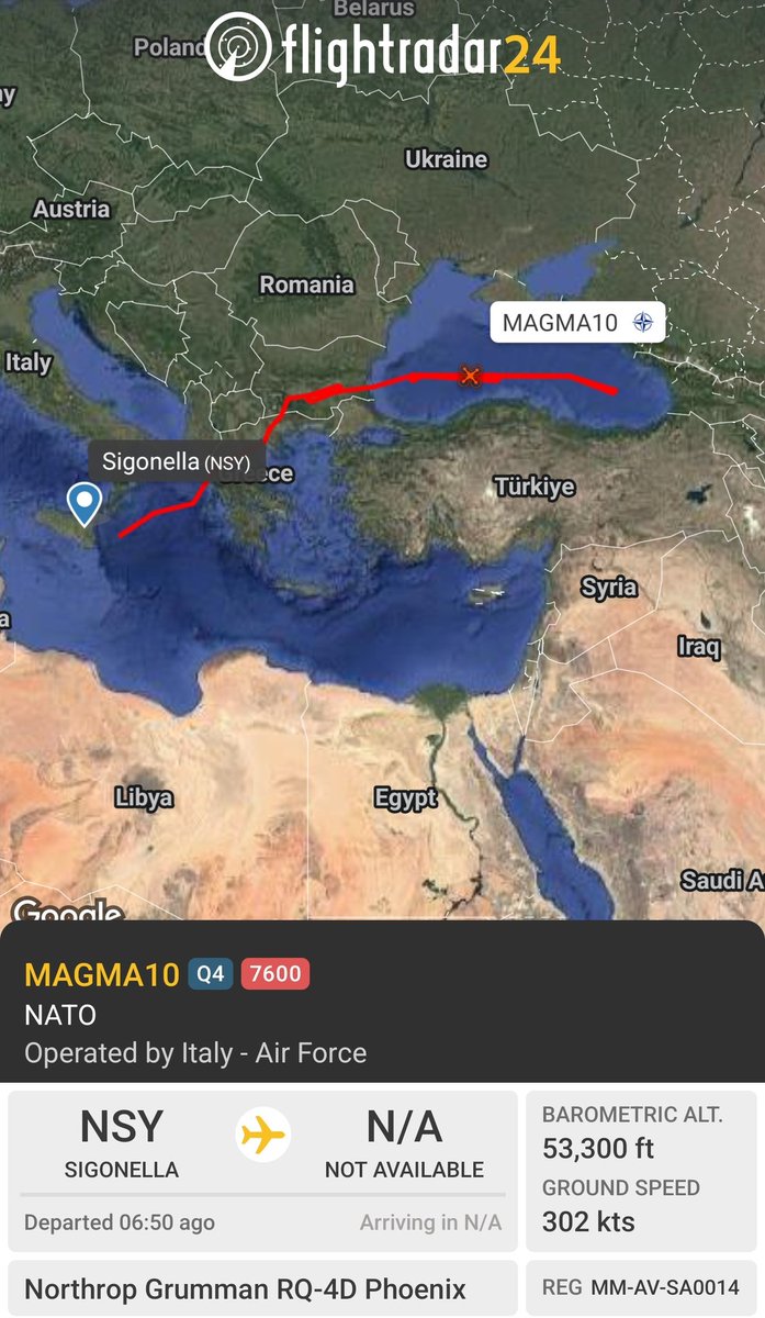 sipjack1776's tweet photo. Loss of Communication
SQUAWK 7600
Italy ๐ฎ๐น
RQ-4D Phoenix
#33FD6B/MM-AV-SA0014/MAGMA10
Out of Sigonella over the Black Sea.
@Borrowed7Time @blackswanadria https://t.co/jdBkJQIq01