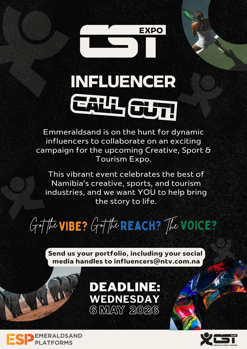 CreativeSportT's tweet image. Emeraldsand Platforms is on the hunt for dynamic influencers to collaborate on an exciting campaign for the upcoming Creative, Sport &amp;amp; Tourism Expo. Send us your portfolio, including your social media handles to influencers@ntv.com.na.

#ESP #CST #Influencers #Campaign