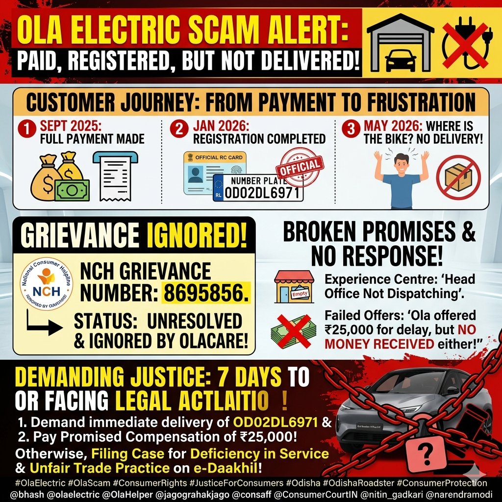 raj2kumar1986's tweet photo. @bhash @olaelectric @OlaHelper @jagograhakjago @consaff Even the National Consumer Helpline (NCH) can't wake up @OlaElectric!
​Filed a complaint (Grievance No: 8695856) back in Feb, but still zero response. Bike registered since Jan (Reg: OD02DL6971), payment done in Sept 2025 https://t.co/8H7bTBAmGu