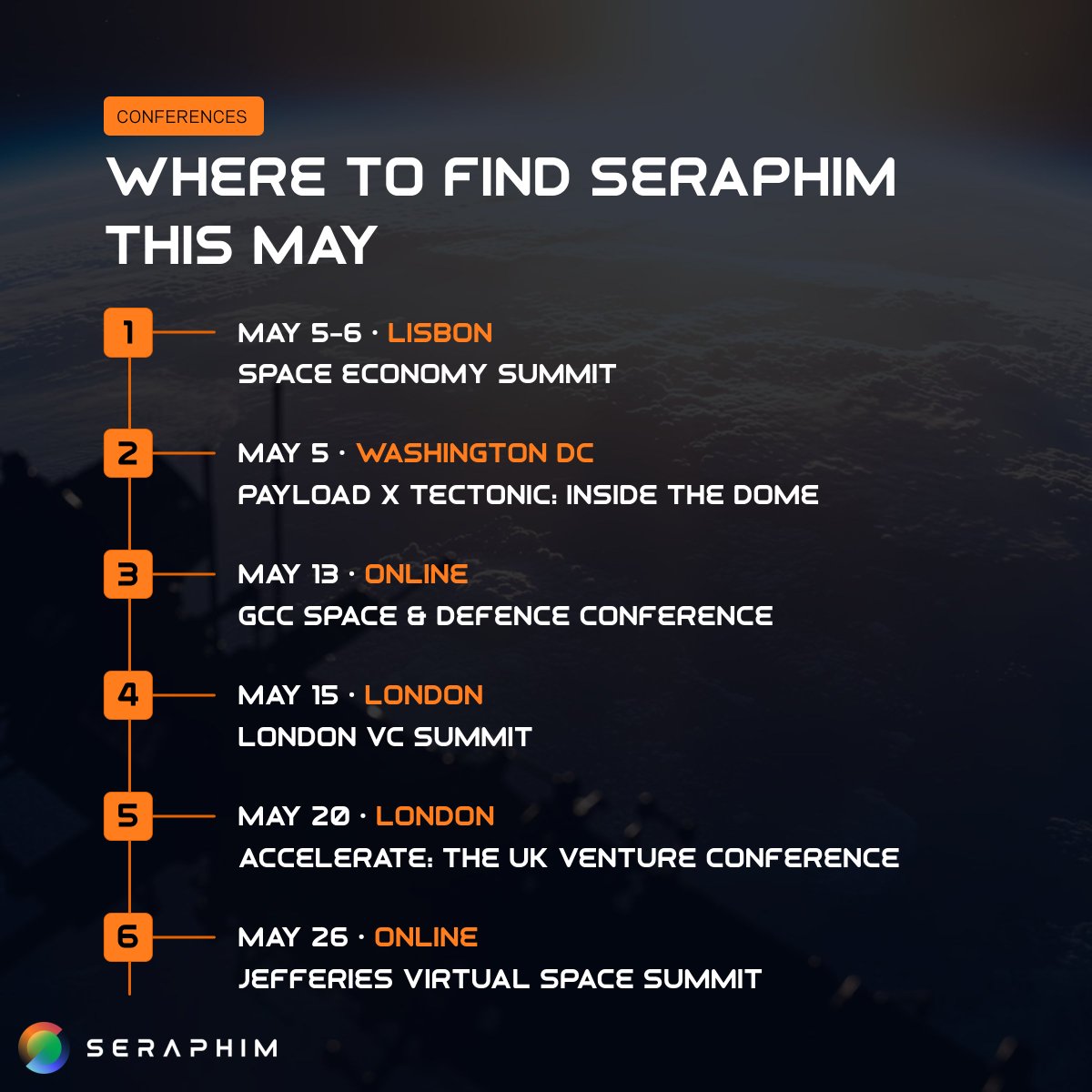 seraphim_space's tweet photo. Where you can find the Seraphim team this coming month 👇 https://t.co/2nPICoKS3p