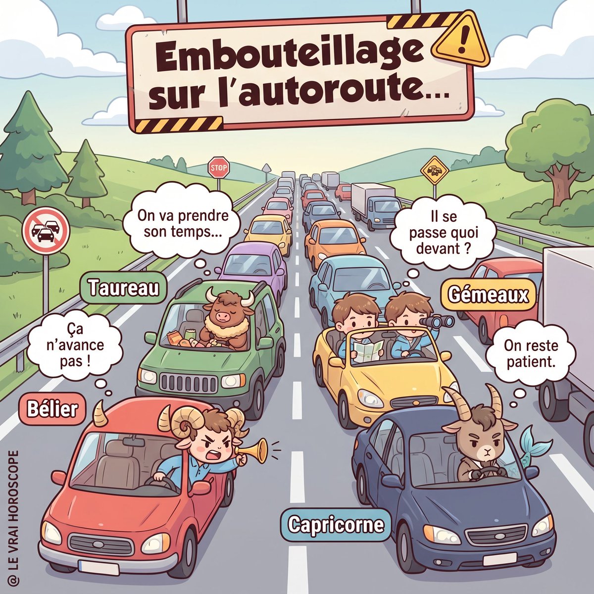 LeVraiHoroscope's tweet image. 🚗 EMBOUTEILLAGE SUR L’AUTOROUTE…

Coincés dans les bouchons, les signes du zodiaque réagissent chacun à leur manière face à cette situation stressante. 😤🚘

#Astrologie #Zodiaque #Horoscope