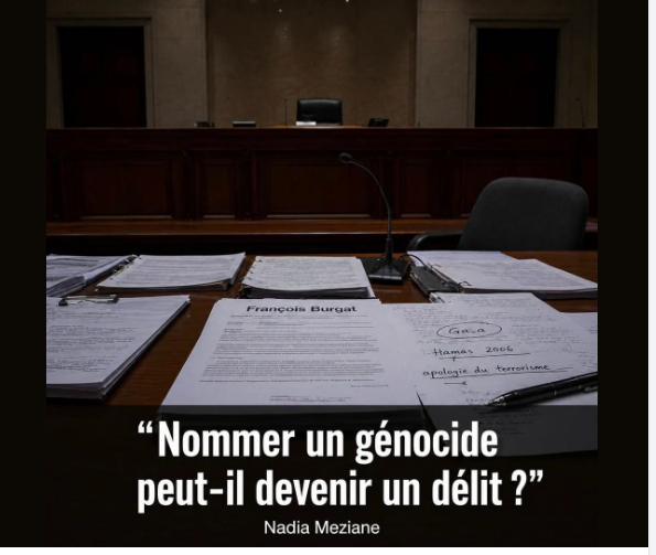 frburgat's tweet image. Nadia #Meziane : "Le procès de François #Burgat, poursuivi pour apologie du terrorisme, relaxé et cité de nouveau en appel par les associations pro-israéliennes, n’est pas un procès isolé.
C’est un test : celui de notre capacité à nommer un #génocide pendant qu’il a lieu". (...)