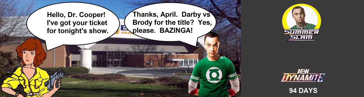 jb9180SMHR_7Y's tweet image. #SheldonCooper meets #AprilONeil at the Eaglebank Arena on the campus of George Mason University in Fairfax, VA for tonight's #AEWDynamite.  #RoadToSummerSlam