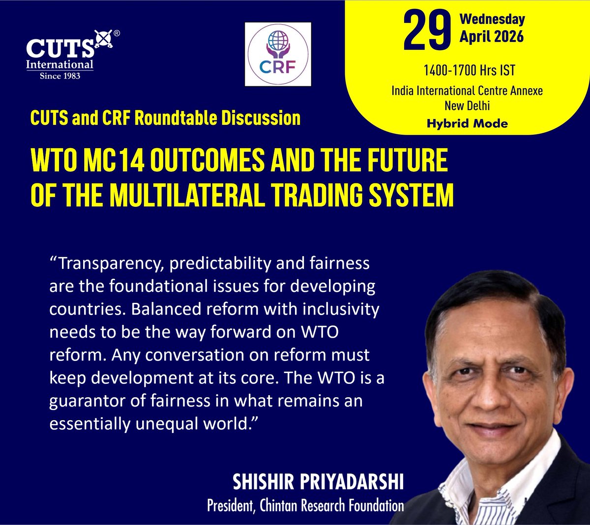 CUTS_CITEE's tweet photo. 🔊Live Now

Roundtable discussion on WTO MC14 Outcomes and the Future of the Multilateral Trading System

@PascalLamyEU @ShashiTharoor @Psm_cuts @MontekSinghPC @priyadarshi_crf @bc_cuts @CUTS_CCIER @vijay67_singh @CUTSGlobal https://t.co/tfyArVJwe7