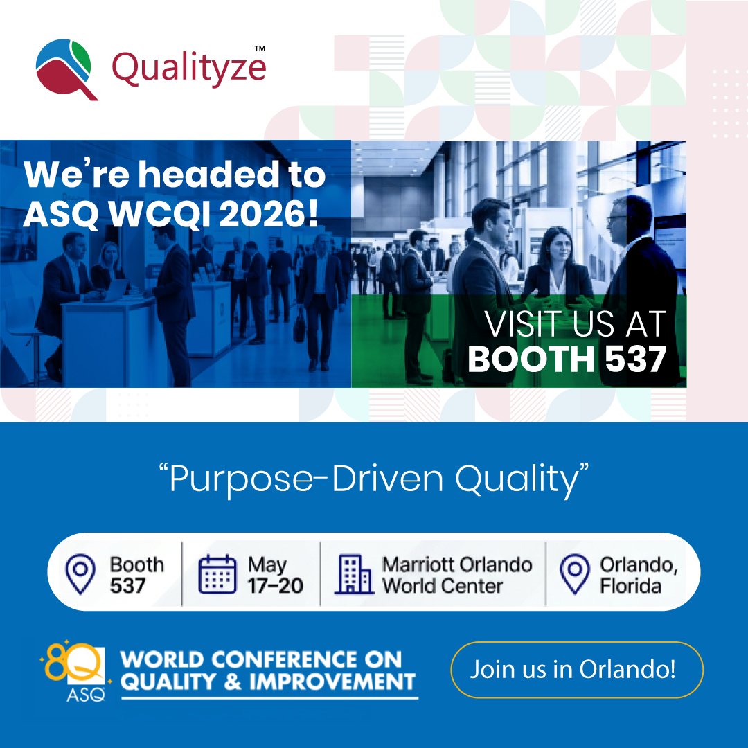 qualityze's tweet photo. Is your quality strategy built for the future?

Join Qualityze at #WCQI2026 as we explore "Quality with Purpose." Let’s discuss driving sustainability &amp; innovation through smarter QMS.

📍 Booth 537 📅 May 17–20 🏨 Orlando, FL

#Qualityze #ASQ #QualityManagement #Florida https://t.co/uy9zNxdulb