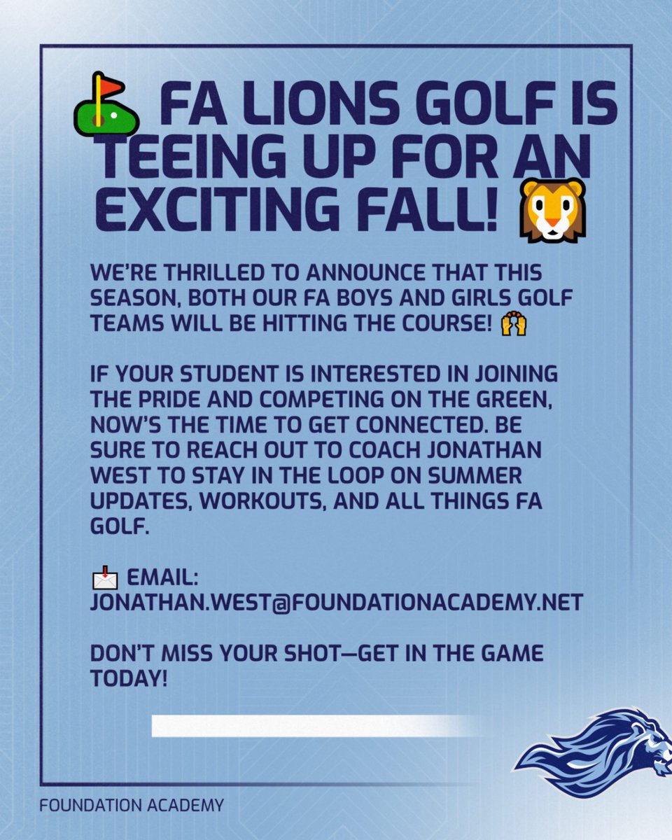 faathletic's tweet image. ⛳️ Interested in FA Lions Golf? 🦁

We’re excited to have Boys &amp;amp; Girls Golf back on the course this fall!

Want to join? Stay in the loop by contacting Coach Jonathan West:
📩 jonathan.west@foundationacademy.net

#FALions #FAGolf #LionPride