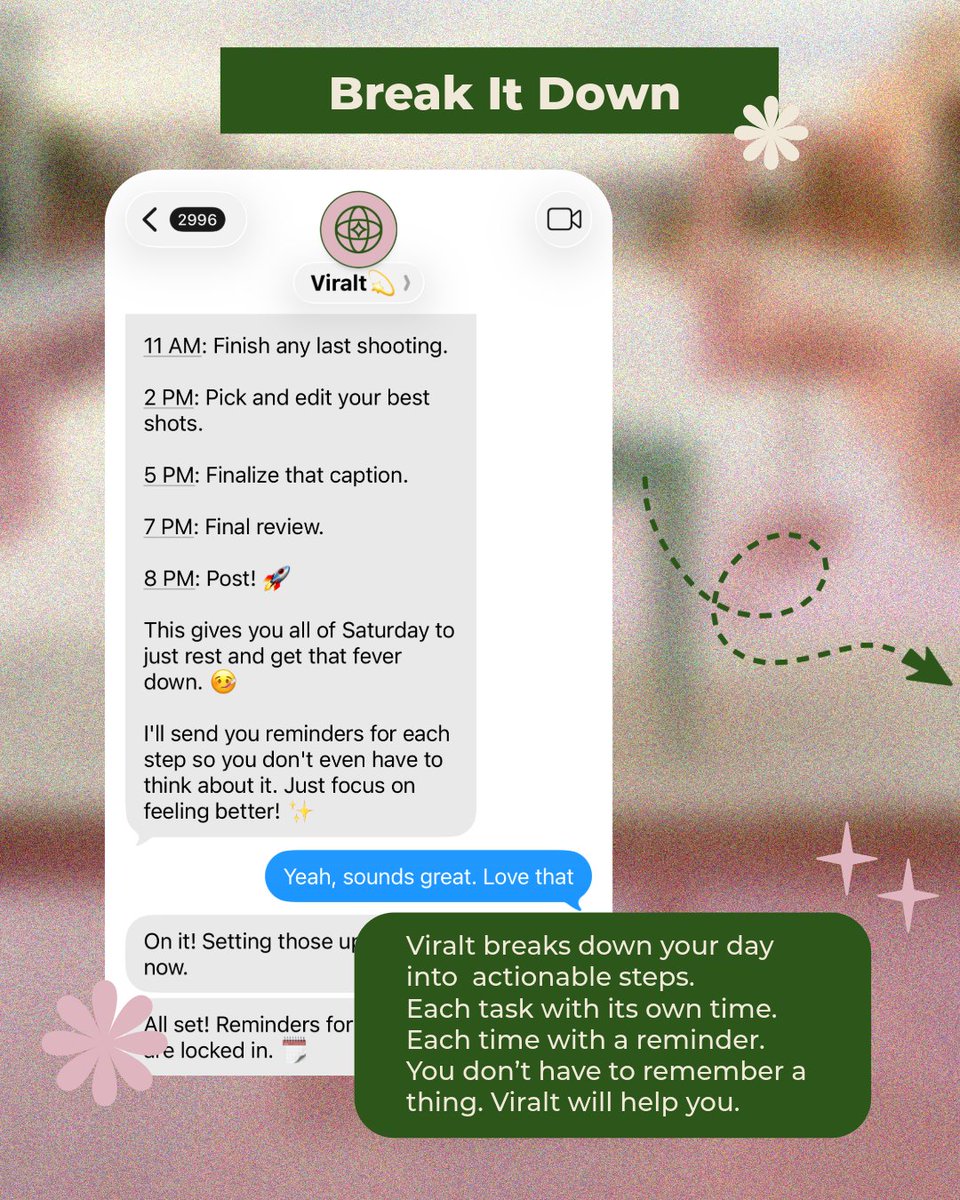Viralt_AI's tweet image. Viralt builds your day in time blocks. 11 am shoot, 2 pm edit, that kind of cadence. Each block gets a start ping and a check at the end, so the next one doesn't drift.

#CreatorTools #Productivity