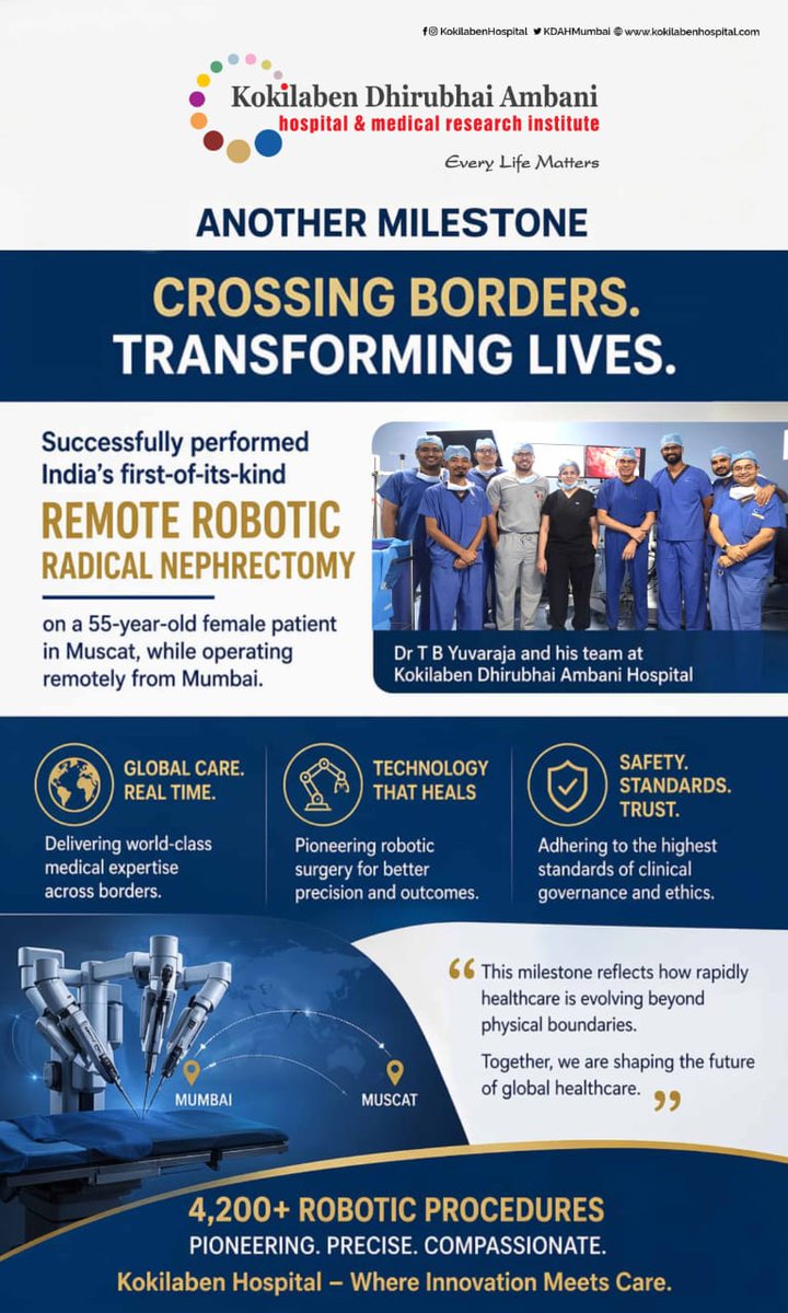 DrTBYuvaraja's tweet image. Crossing borders. Transforming lives. 🌍🤖
India’s first remote robotic radical nephrectomy performed from Mumbai for a patient in Muscat.
The future of surgery is here. 🚀
#RoboticSurgery #MedTech #HealthcareInnovation