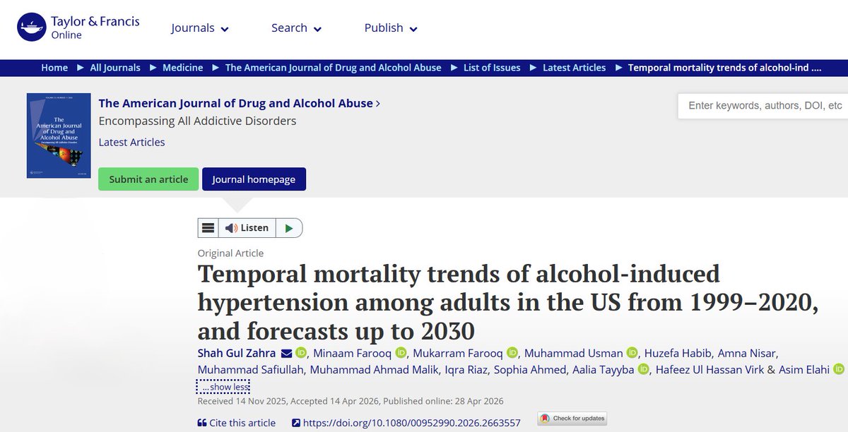 SGZ_Muhammadi's tweet image. Excited to share my latest publication in The American Journal of Drug and Alcohol Abuse🥳
Thankful to my mentors and coauthors for their efforts and support!
🔗 tandfonline.com/eprint/IM25QJI…
Published with @tandfonline 

#PublicHealth #Hypertension #Cardiology #Epidemiology