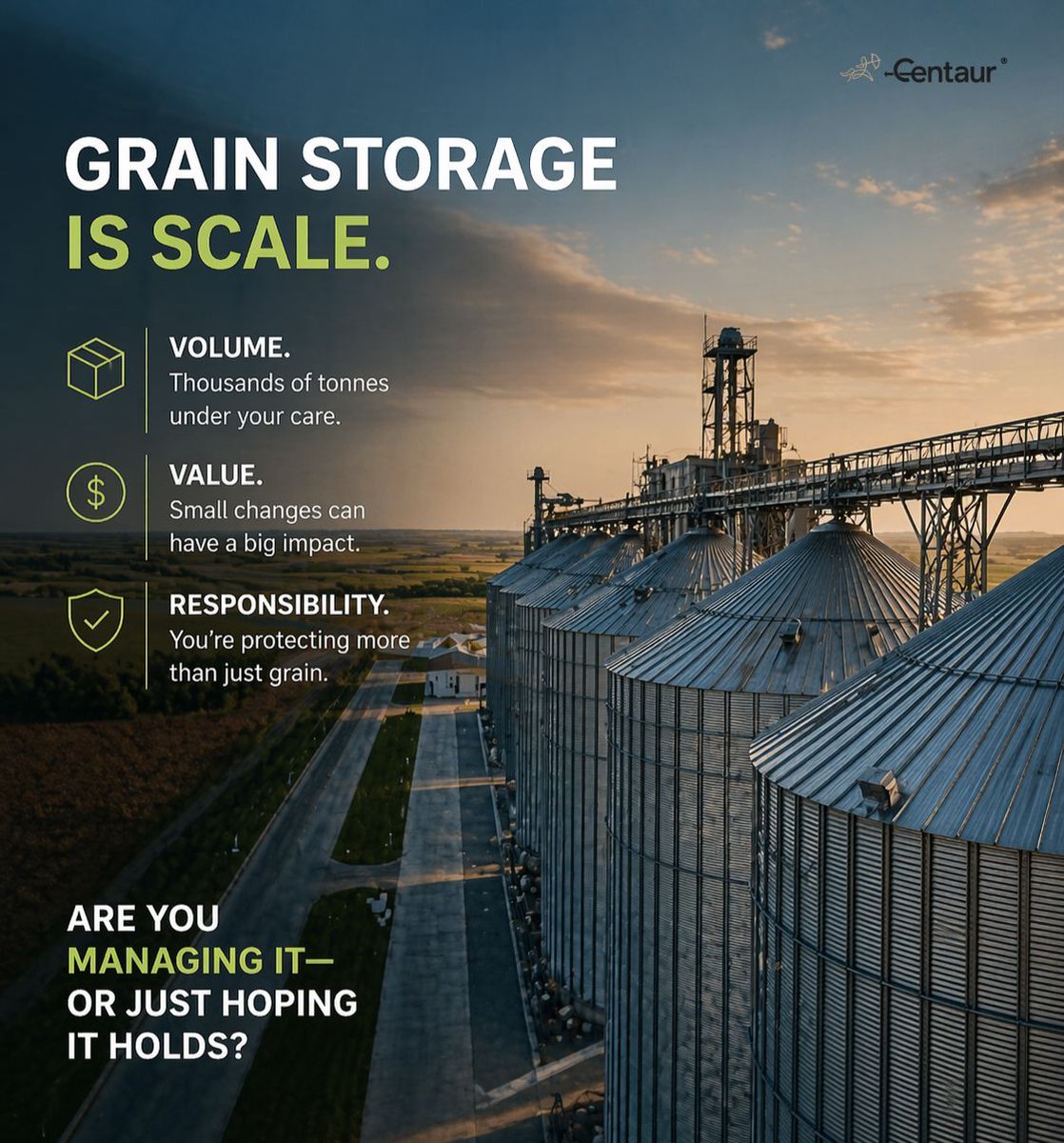 centaurtek's tweet image. 🌾 Grain storage is scale.

Volume. Value. Responsibility.

When you manage thousands of tonnes,
small changes aren’t small.

They matter.

Are you managing it — or just hoping it holds?

#AgriTech #Centaur