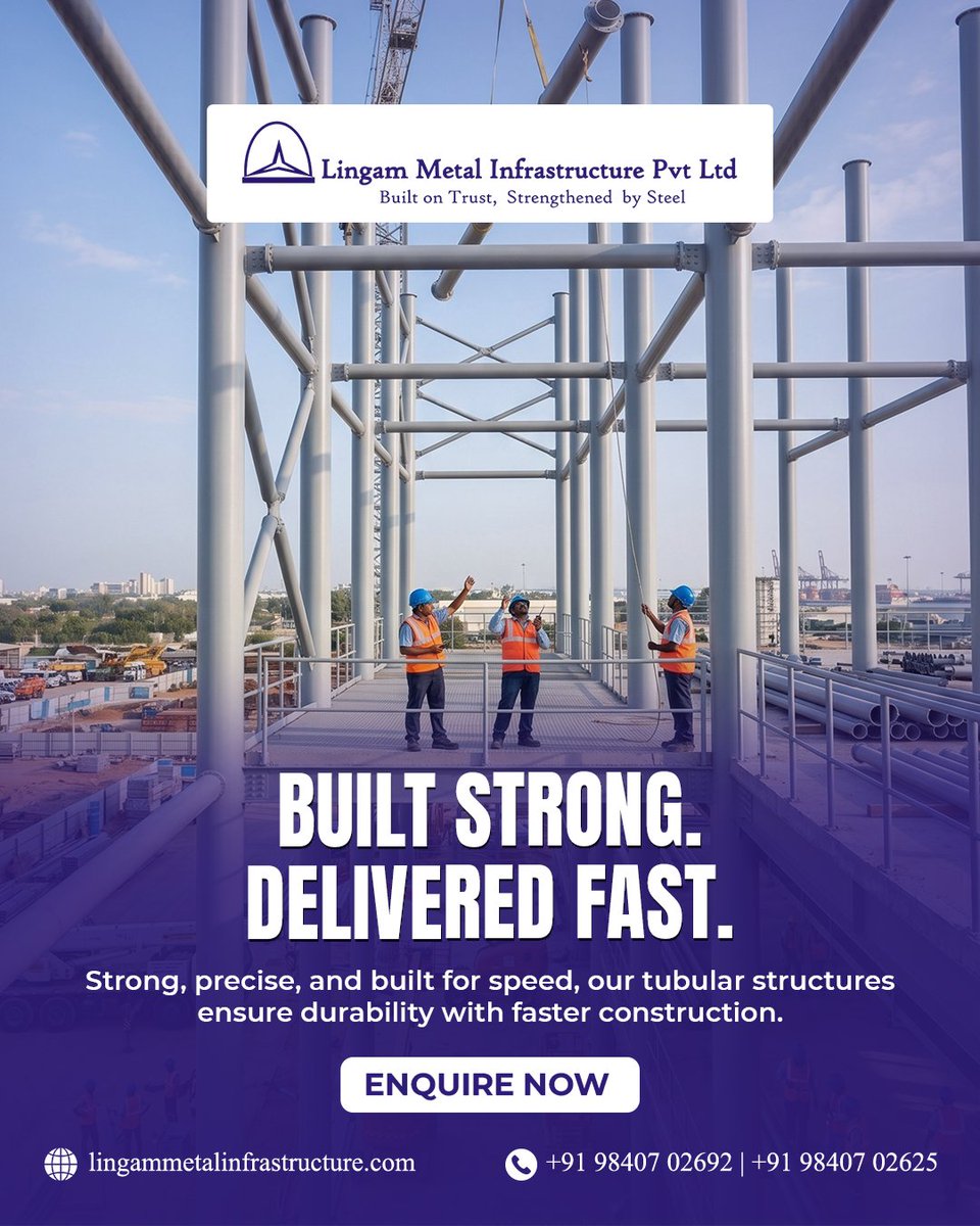 LingamMetal's tweet image. Built strong, delivered fast with precision-engineered tubular structures.

Durable, efficient, and made for modern construction.

Enquire today and build smarter: lingammetalinfrastructure.com

#BuildStrong #FastDelivery #SteelStructures #Construction #Engineering