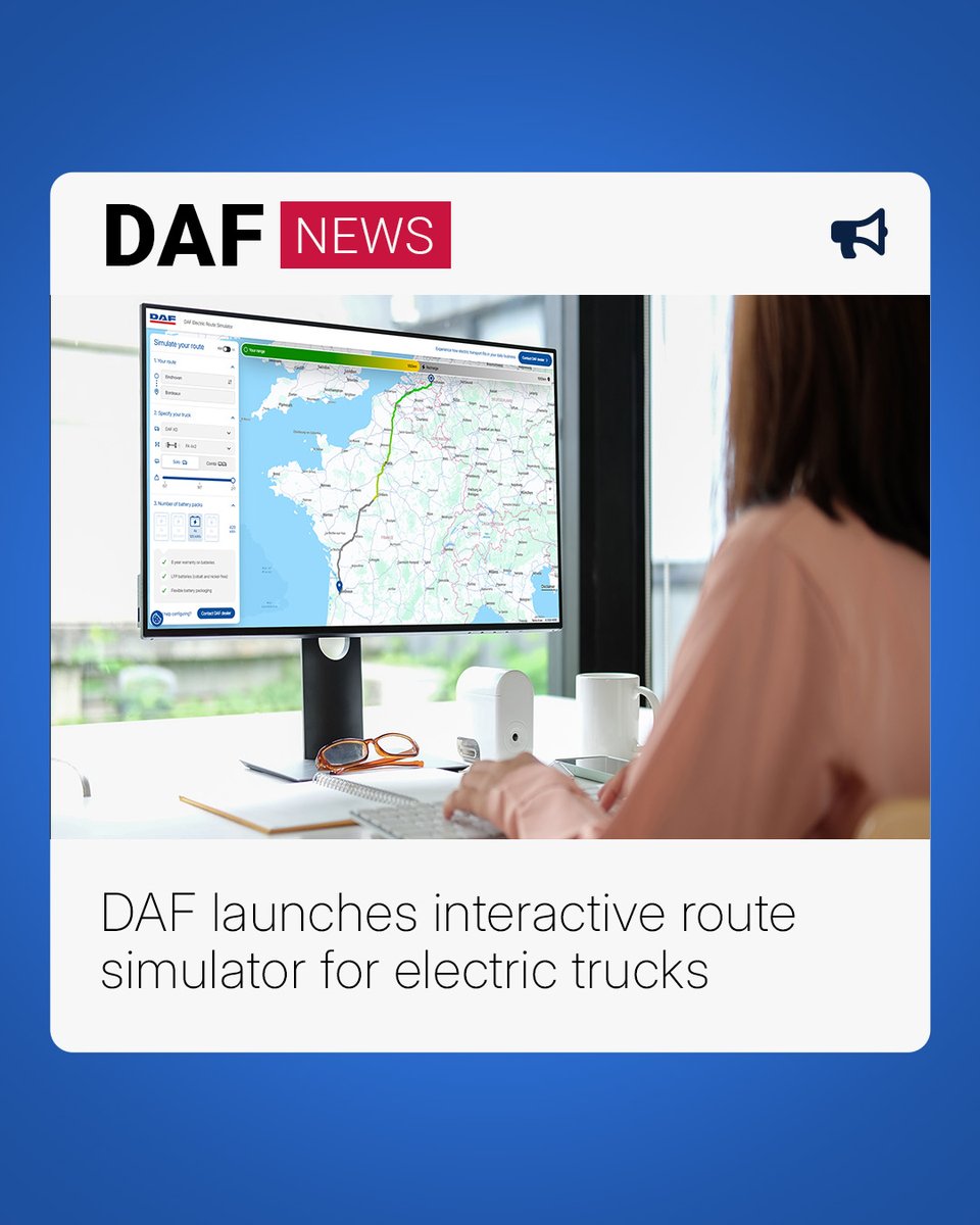 DAFTrucksUK's tweet image. DAF Trucks has launched an interactive Route Simulator, helping transport operators see how electric DAF vehicles could perform in real-world daily routes and operations. 🚛⚡​
​
🗺️ Try it here: daf.co.uk/en-gb/e-mobili…

#DAFTrucks #Electric #RouteSimulator