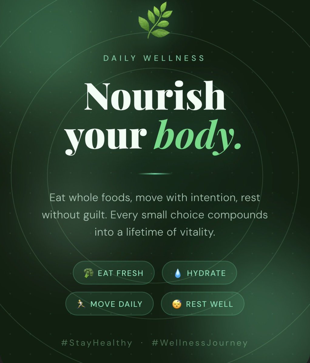 stayhealthybby's tweet image. Your body is your home — take care of it. 🏡💚 Eat well, move daily, rest deeply. 

Small habits. Big results. 🌿 Start today, not tomorrow. 

Health is not a destination, it’s a way of life. 🌟 

#FitnessMotivation #HealthyLifestyle

#StayHealthy #MindBodySoul

#HealthyLiving
