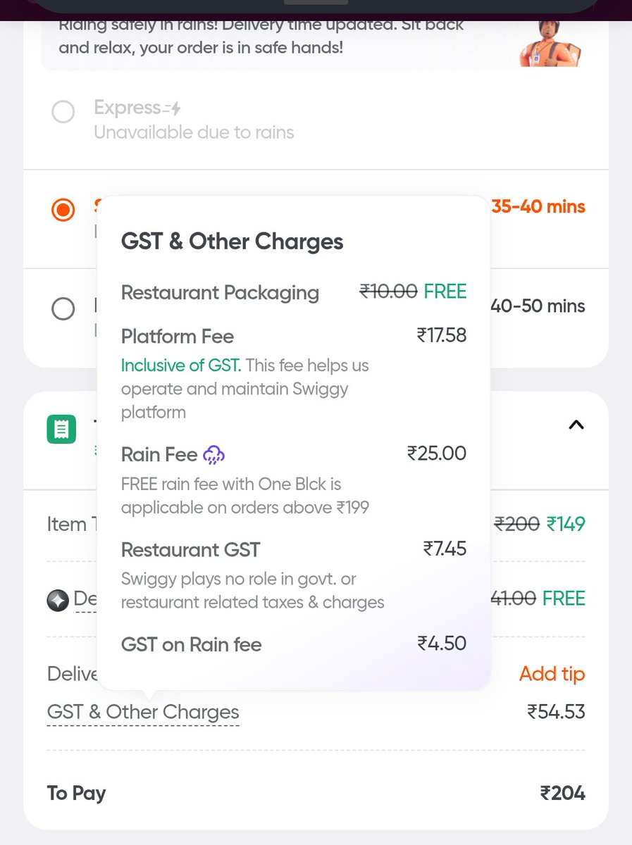 _rajj___'s tweet photo. @SwiggyCares I'm a Swiggy black member. Why I'm having rain fee? Black members are excluded from rain fee. https://t.co/BVwqZbJvEe