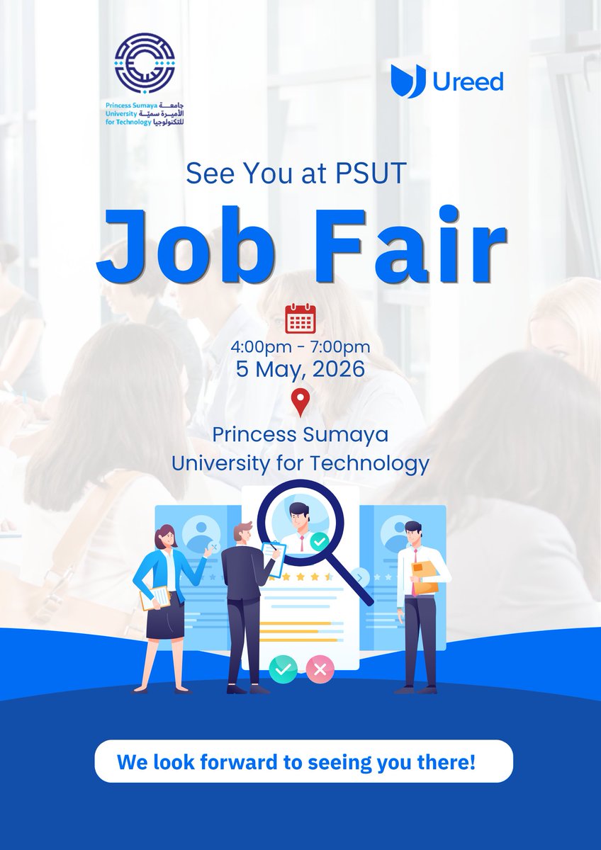UreedArabia's tweet photo. We’re joining the #PSUT Job Fair 2026!
Excited to announce our participation in the upcoming PSUT Job Fair, taking place on May 5 at Princess Sumaya University for Technology in Amman.
This is a great opportunity to connect with our team and explore potential career opportunities across different fields.
📍 Your next job could be one conversation away; don’t let it pass you by!
See you there!
#JobFair #CareerOpportunities #Networking #PSUT #Ureed