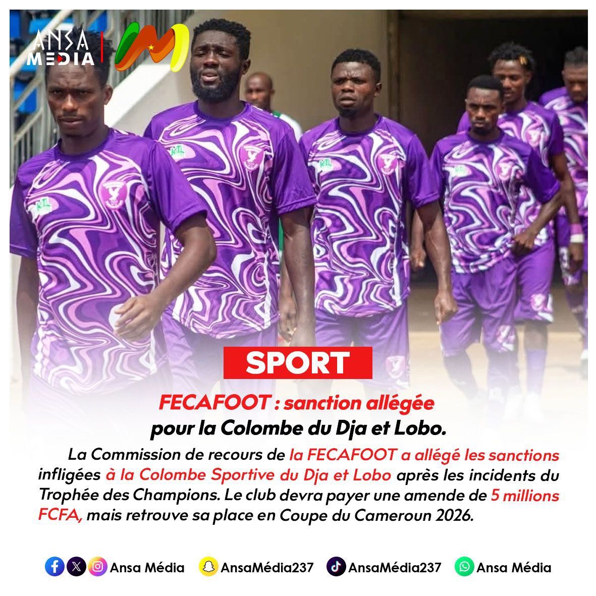 AnsaMedia237's tweet image. FECAFOOT : sanction allégée pour la Colombe du Dja et Lobo.

Lire la suite de l’article ici : whatsapp.com/channel/0029Vb…

#AnsaMedia #FECAFOOT #ColombeSportive #CFOOT #CoupeDuCameroun2026 #FootballCamerounais