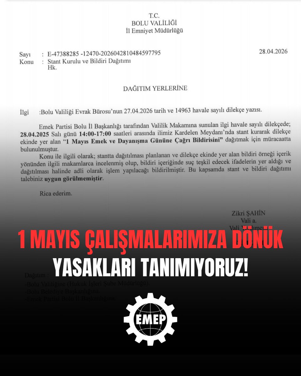 emekpartisi's tweet photo. 1 Mayıs çalışmalarımıza dönük yasakları tanımıyoruz;

Tüm işçi ve emekçileri alanlara çağırıyoruz!

Bolu Valiliği partimizin 1 Mayıs dolayısıyla hazırladığı “Kapitalist sömürüye, emperyalist savaşlara ve her türlü baskıya karşı ekmek, barış ve özgürlük için 1 Mayıs’a” başlıklı bildirinin dağıtımı için yasaklama kararı aldı.

Bolu Vali Yardımcısı Zikri Şahin’in imzasını taşıyan kararda “Emek Partisi Bolu İl Başkanlığı tarafından Valilik Makamına sunulan ilgi havale sayılı dilekçede; 28.04.2025 Salı günü 14:00-17:00 saatleri arasında ilimiz Kardelen Meydanı'nda stant kurarak dilekçe ekinde yer alan ‘1 Mayıs Emek ve Dayanışma Gününe Çağrı Bildirisini’ dağıtmak için müracaatta bulunulmuştur. Konu ile ilgili olarak; stantta dağıtılması planlanan ve dilekçe ekinde yer alan bildiri örneği içerik yönünden ilgili makamlarca incelenmiş olup, bildiri içeriğinde suç teşkil edecek ifadelerin yer aldığı ve dağıtılması halinde adli olarak işlem yapılacağı bildirilmiştir. Bu kapsamda stant ve bildiri dağıtımı talebiniz uygun görülmemiştir” ifadelerine yer verildi.

‘Saray düzenini eleştirme’ diyorlar!

Valiliğin 1 Mayıs bildirimizde ‘suç olarak’ nitelediği bölümler şunlardır:

“Saray rejiminin emperyalist bağımlılık ilişkilerini derinleştiren işbirlikçi ve yayılmacı politikaları, Erdoğan-Şimşek imzalı IMF’siz IMF programı nedeniyle bu savaşların ülkemiz üzerindeki etkisi her gün büyüyor.

Tek adam yönetimi ve Cumhur ittifakı sermayenin ve kendi iktidarının bekasını koruma dışında bir şey düşünmezken, savaşların giderek ağırlaşan faturasını, işçi ve emekçilere kesmektedir.”

“Türkiye işçi sınıfı, Saray rejimi tarafından kelimenin tam anlamıyla orman kanunlarının hüküm sürdüğü bir ortamda çalışmaya mahkûm edilmiştir.”

“Saray yargısı muhalif siyasetçiler başta olmak üzere memleketin üzerinde bir sopa gibi sallanmaktadır.”

“Tek tek, parça parça bu düzeni değiştiremeyiz. Örgütlü ve yekpare biçimde hareket eden bir işçi sınıfının karşısında ise hiçbir gücün duramayacağına tarih defalarca tanıklık etmiştir. ABD emperyalizminin başını çektiği savaşa, vahşi kapitalist sömürüye dur demenin, saray rejiminin saldırılarını püskürtmenin, demokratik hak ve özgürlükleri kazanmanın, barışı hayata geçirmenin başkaca yolu yoktur.”

Valiliğin, ülkede yaşayan milyonları açlığa, sefalete sürükleyen; İran, Filistin ve Lübnan’da gerçekleştirilen emperyalist saldırıların ve katliamların payandası olan saray düzenine siper olma amacı taşıyan bu kararı kabul edilemez.

Ayrıca 1 Mayıs çalışmalarımız kapsamında Kocaeli’de bildiri dağıtımı yapan Emek Gençliği üyeleri de geçtiğimiz hafta gözaltına alınmış, bildiri dağıtımı herhangi bir karar gerekçe gösterilmeksizin fiili olarak engellenmiş ve bu hukuksuz engellemeye tepki gösteren bir üyemiz darbedilmiştir.

Bolu Valiliğinin yasaklama kararı açıkça hukuksuzdur!

2026’da asgari ücreti açlık sınırının altında belirleyen; Erdoğan-Şimşek imzası taşıyan orta vadeli programla işçi ve emekçilerin ücretlerini, hukuksuz kararlar ve grev yasaklarıyla sendikal haklarını gasbeden; buna karşı tepki gösterenlerin karşısına yargı sopasını, kolluk güçlerini çıkaran Saray düzeni, sermaye sınıfının çıkarlarını korumak için ise teşvikler, vergi indirimleri, varlık barışı açıklamaktadır. 1 Mayıs çalışmalarımıza dönük resmi ve fiili engellemelerin adı Saray düzenidir.

1 Mayıs çalışmaları kapsamında Bolu’da açılmak istenen stant için valilikten izin istenmemiştir, bildirimde bulunulmuştur. Siyasi partilerin bildiri dağıtmak için izne ihtiyacı yoktur. Ülke genelinde dağıtılmakta olan 1 Mayıs bildirimizin engellenmesi ile ilgili herhangi bir hukuki karar da bulunmamaktadır. Propaganda özgürlüğü kapsamında 1 Mayıs çalışmalarımızı güvenceye almakla yükümlü olan Bolu Valiliğinin bu hukuksuz engelleme kararını reddediyoruz.

Siyasi faaliyetler engellenemez!

Yargı eliyle seçilmiş belediye başkanlarını tutuklayan, belediyelere kayyım atayan, bildiri dağıtımını engelleyerek partimizin, sabaha karşı gerçekleştirilen ev baskınlarıyla diğer siyasi parti ve örgütlerin siyasi faaliyetlerini engelleyen Saray düzeni, muhalefet güçlerini devletin zor aygıtlarıyla sindirerek siyasette ‘tekel’ olmak istemektedir.

Siyasi örgütlenme, örgütlenme özgürlüğünün temelidir. Bolu Valiliğinin kararı da örgütlenme özgürlüğünün temeline dönük bir saldırıdır. Toplumsal hayatta siyasi örgütlenmeye, fabrika ve işyerlerinde sendikal örgütlenmeye dönük saldırılara karşı dün olduğu gibi bugün de mücadele etmeye devam edeceğiz.

Tüm işçi ve emekçileri bir kez daha kapitalist sömürüye, emperyalist savaşlara ve her türlü baskıya karşı ekmek, barış ve özgürlük için 1 Mayıs’a çağırıyoruz.
 
Seyit Aslan
Emek Partisi Genel Başkanı