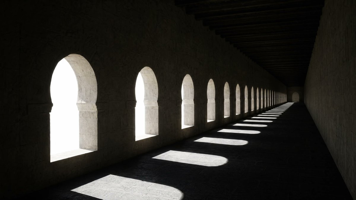 Dramatic Stone Corridor With Arched Windows