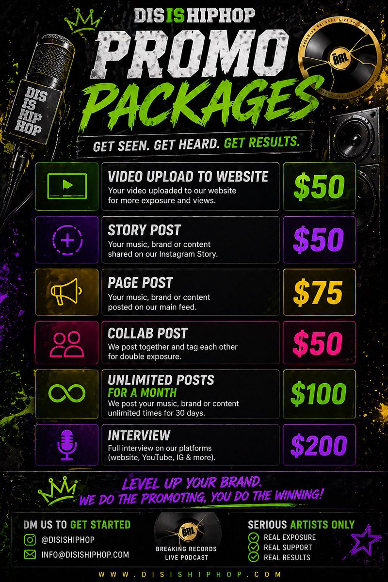 🚨 ARTISTS — READY TO LEVEL UP? 🚨

Stop waiting to get noticed…
GET SEEN. GET HEARD. GET RESULTS. 🎤🔥

We’re helping artists go from unknown → visible 💯

📊 DIHH Promo Packages Available:
🎥 Video Upload – $50
📲 Story Post – $50
📸 Page Post – $75
🤝 Collab Post – $50
♾️