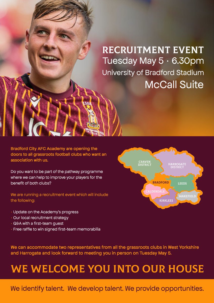 officialbantams's tweet photo. Do not miss out on our Recruitment Event for the Bradford City Academy, where you can associate your grassroots club with the Bantams! 🐔

Sign-up ➡️ https://t.co/awepC3AstY

 #BCAFC https://t.co/tyyeUp7gKU