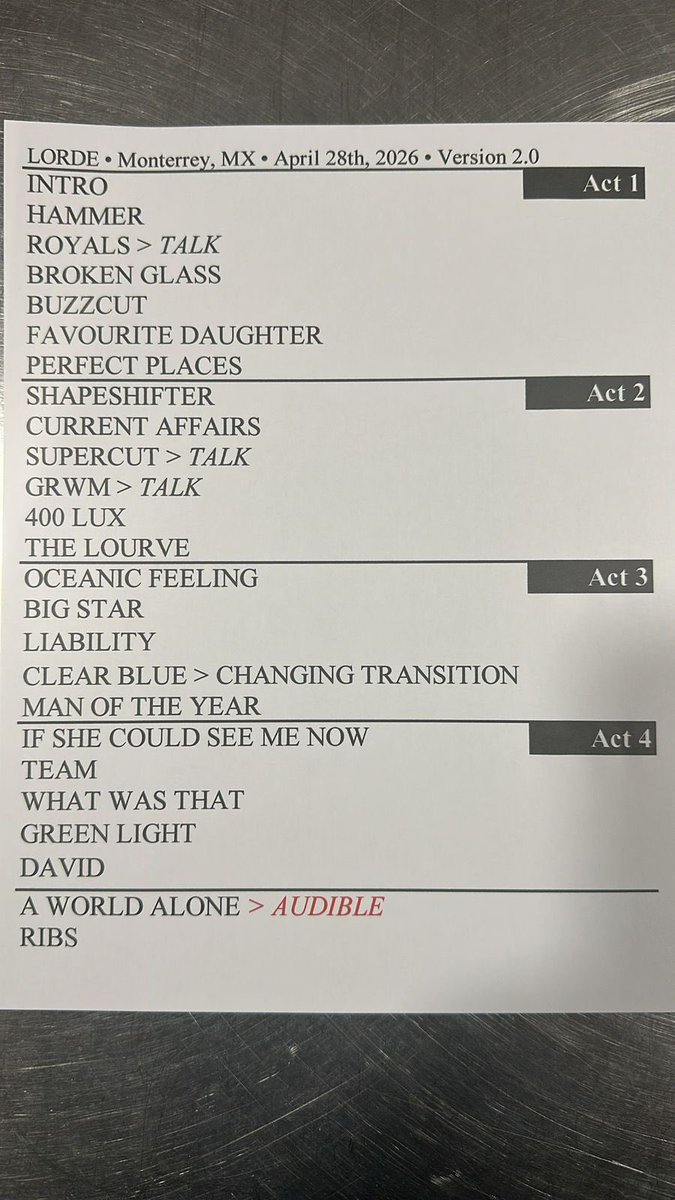 Set list for @Lorde’s #UltrasoundWorldTour show in Monterrey, Mexico.

“No Better” swapped for “400 Lux” and “A World Alone” added!