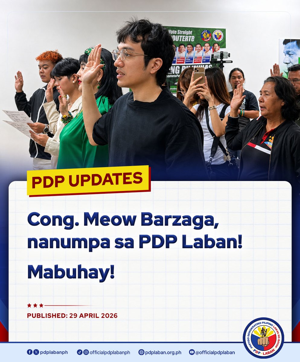 Opisyal nang nanumpa bilang bagong miyembro ng PDP Laban si Cavite 4th District Representative Kiko Barzaga matapos siyang dumaan sa Basic Membership Seminar (BMS) ngayong araw ng Miyerkules, Abril 29, 2026, sa PDP Laban National Headquarters sa Sta. Mesa, Manila.

#PDPLaban