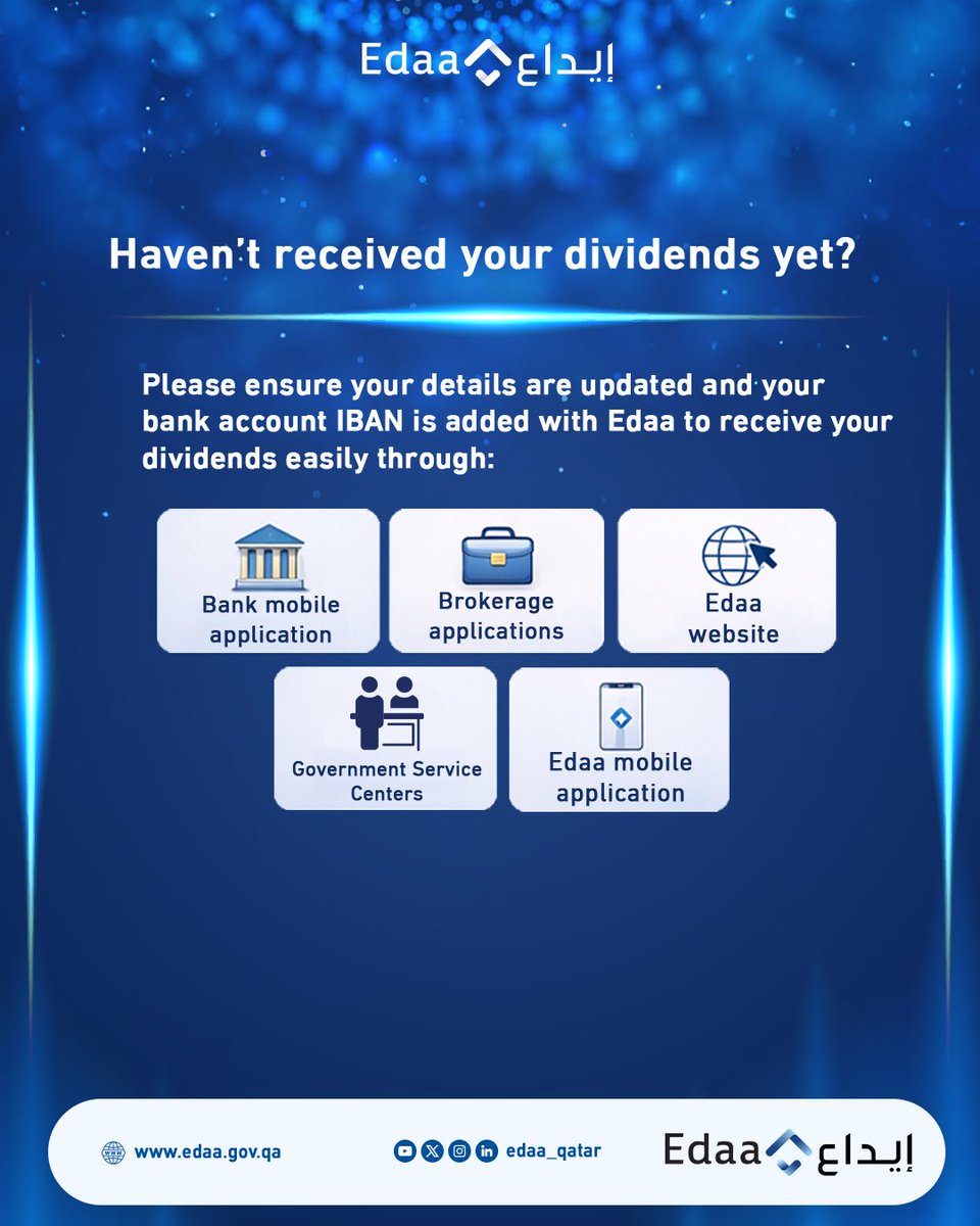 Edaa_Qatar's tweet photo. Edaa continues to distribute cash dividends with speed and efficiency.
Dividends for 42 listed companies were distributed in an average of 3.1 business days — faster than the targeted timeframe.
Update your details and add your IBAN to receive your dividends seamlessly. https://t.co/L5J8oktRHx